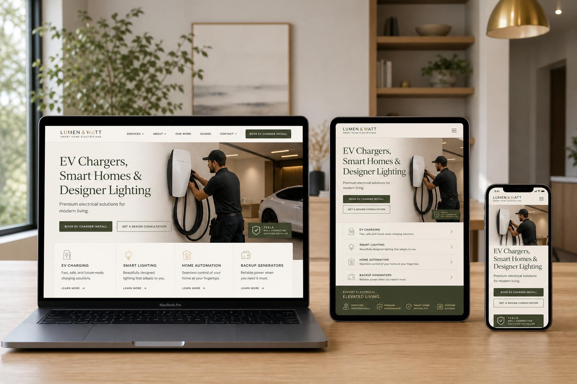 Lumen & Watt Smart Home Electricians electrician website mockup shown on desktop, tablet and mobile