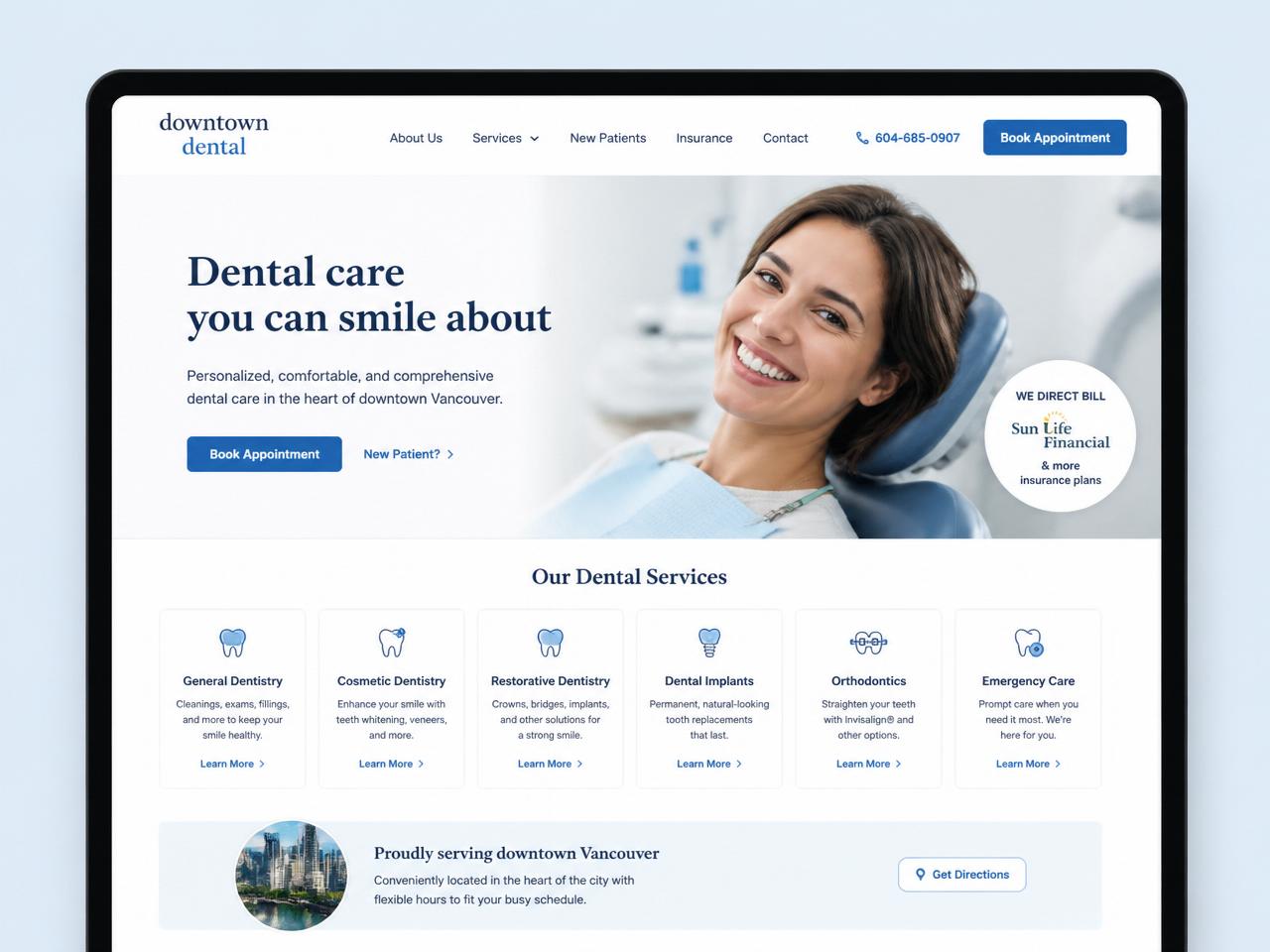 Responsive web design mockup for Downtown Vancouver Dental Clinic shown on desktop, tablet and mobile