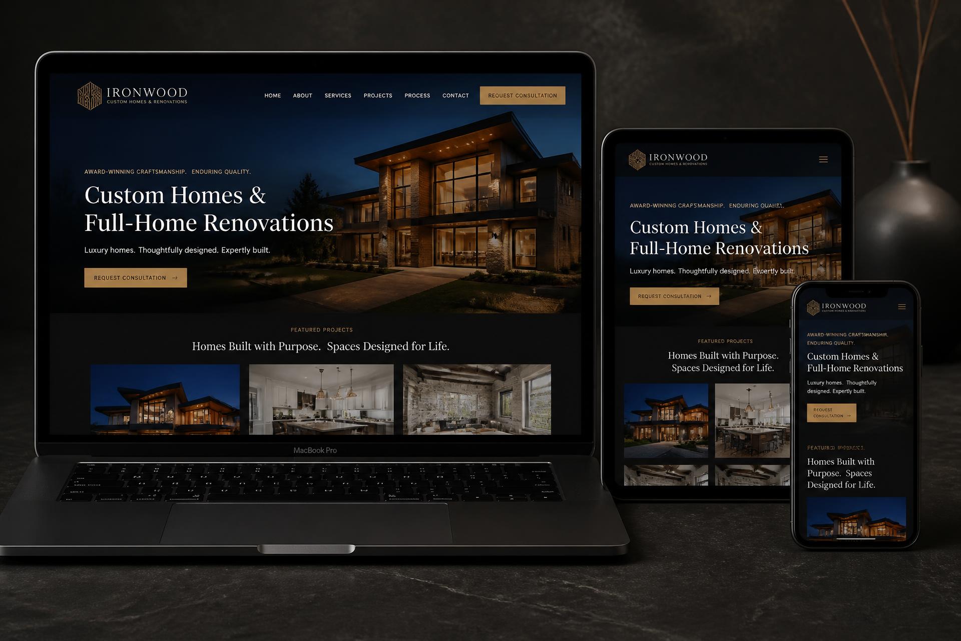 Ironwood Custom Homes & Renovations general contractor website mockup shown on desktop, tablet and mobile
