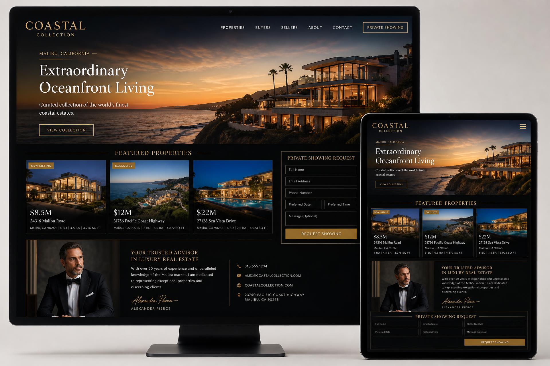 Coastal Collection Luxury real estate agent website mockup shown on desktop, tablet and mobile