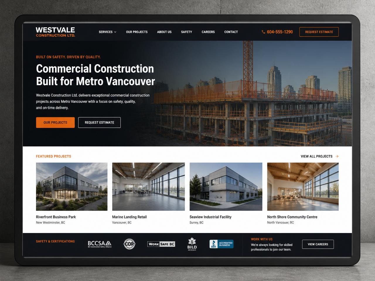 Responsive web design mockup for Metro Vancouver Construction Group shown on desktop, tablet and mobile