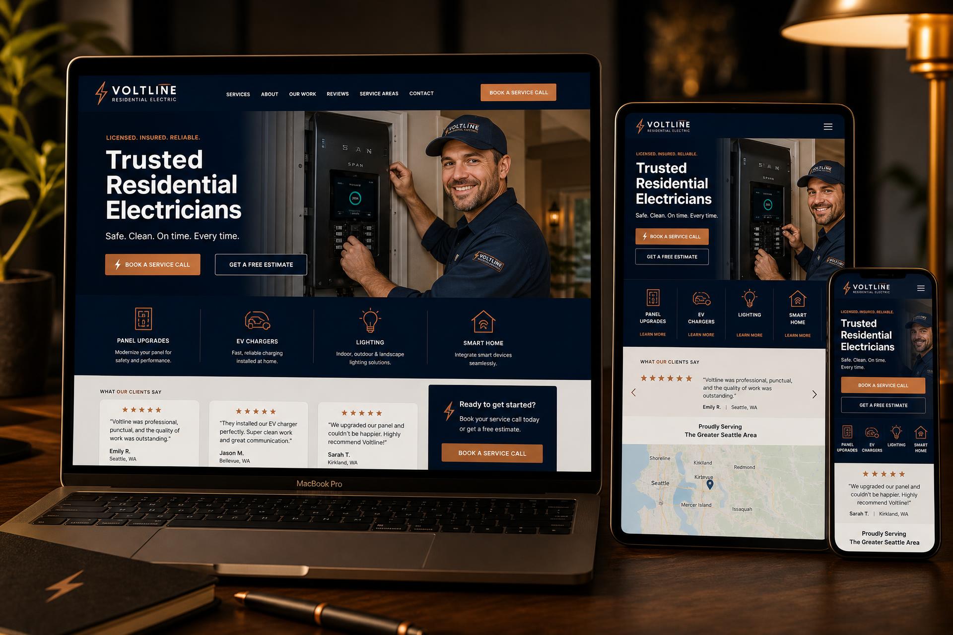 Voltline Residential Electric electrician website mockup shown on desktop, tablet and mobile