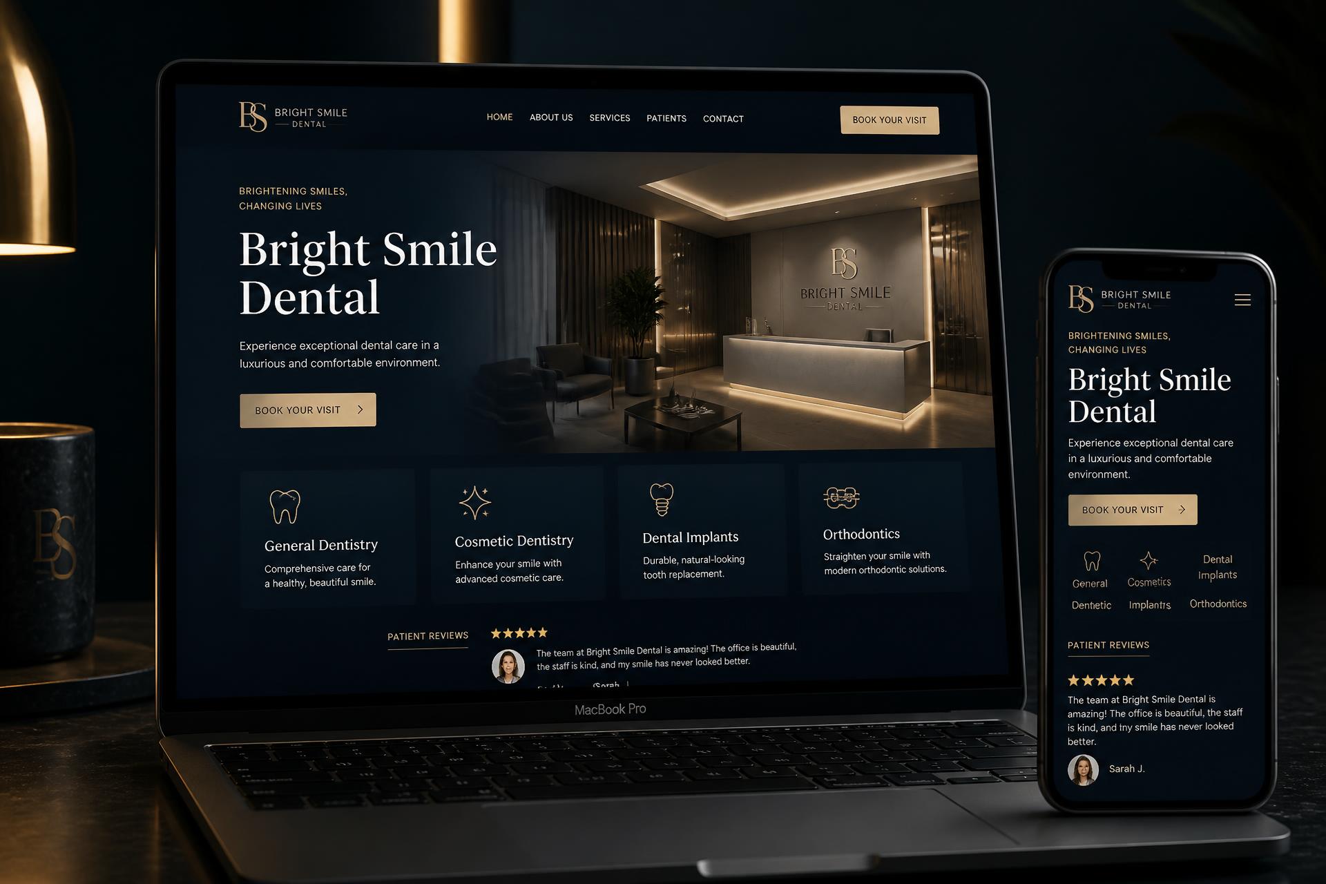Modern luxury dental practice website mockup shown on a MacBook Pro and iPhone with online booking
