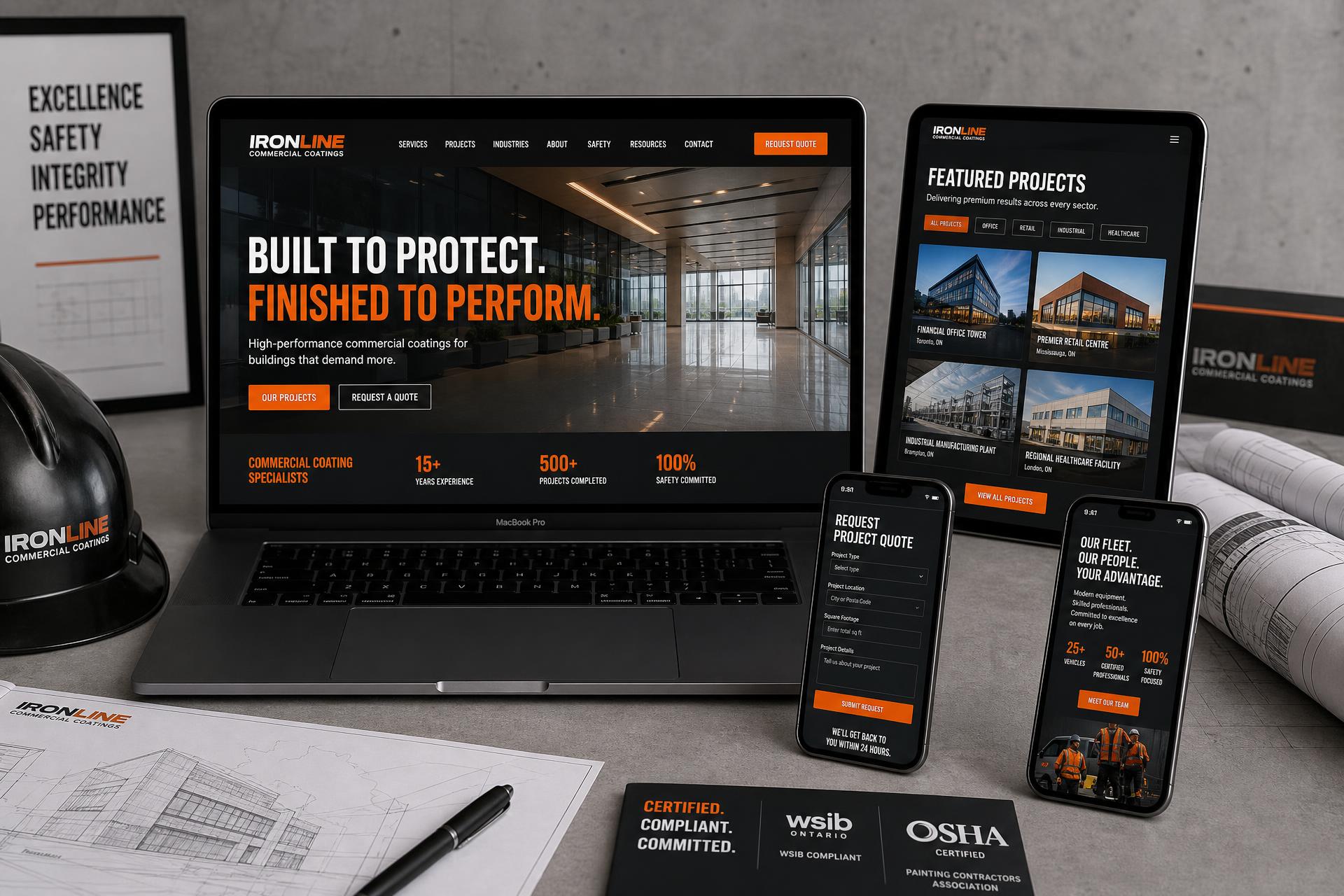 Ironline Commercial Coatings painting contractor website mockup shown on desktop, tablet and mobile