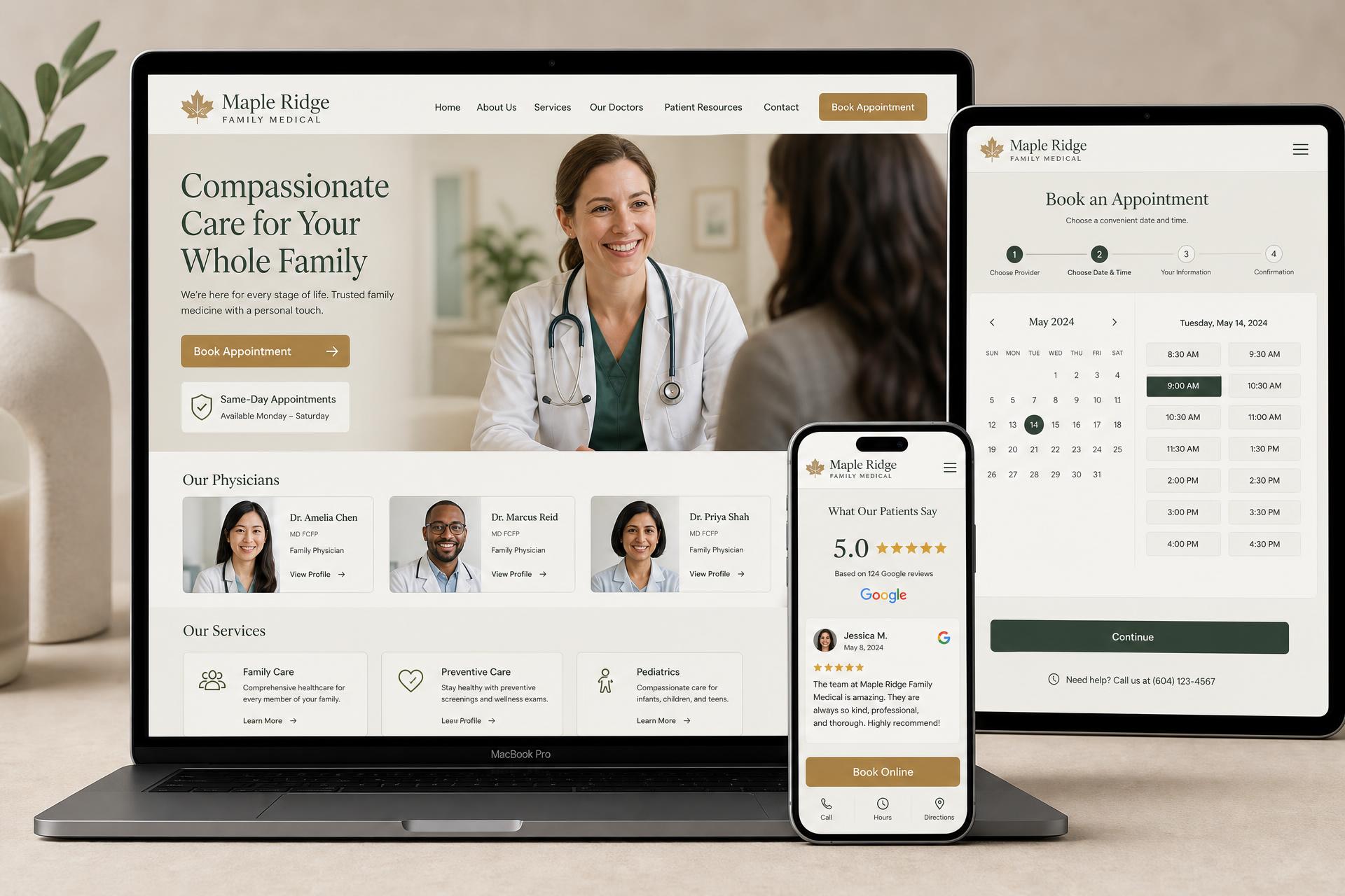 Maple Ridge Family Medical Clinic medical clinic website mockup shown on desktop, tablet and mobile