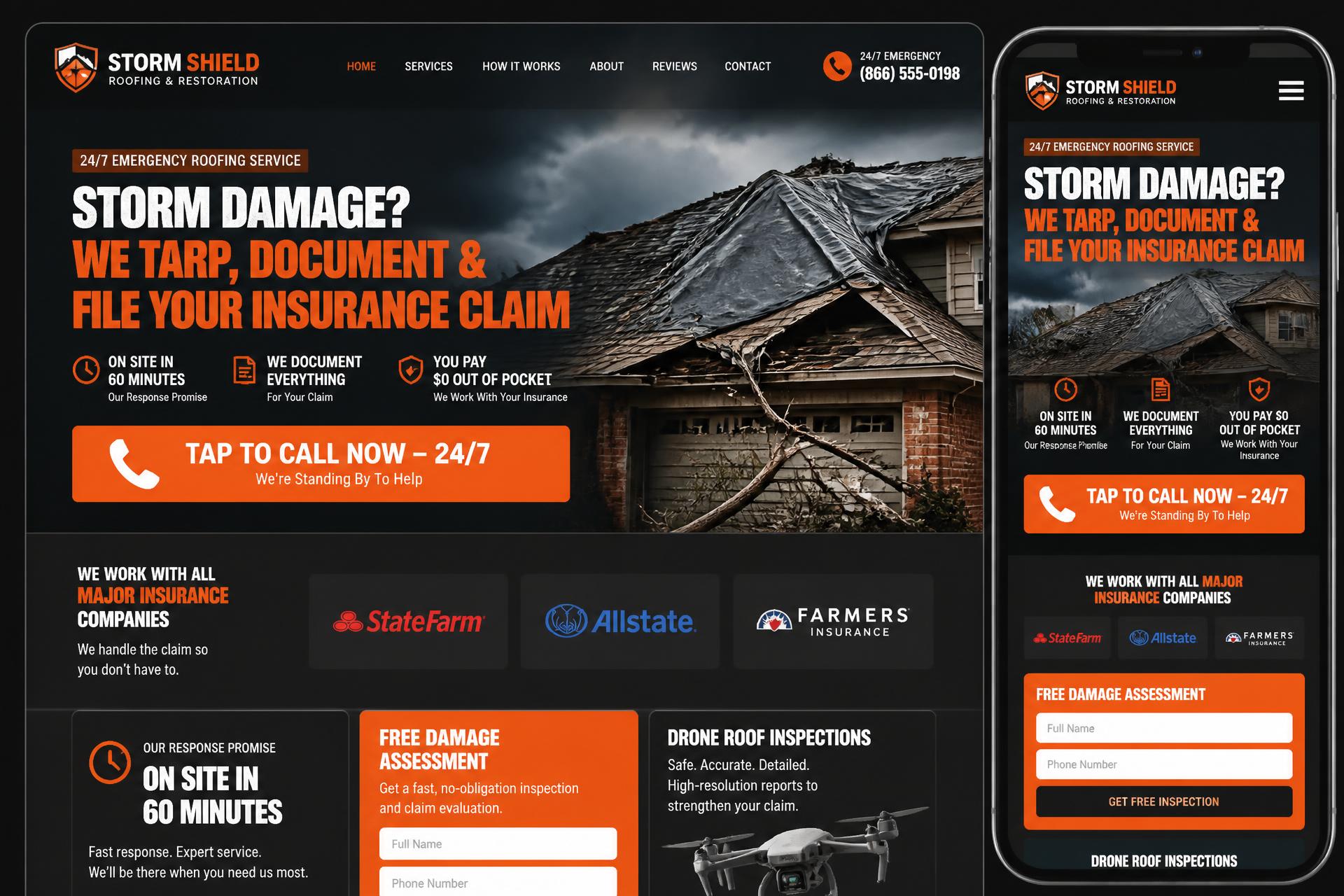 Storm Shield Roofing & Restoration roofing website mockup shown on desktop, tablet and mobile