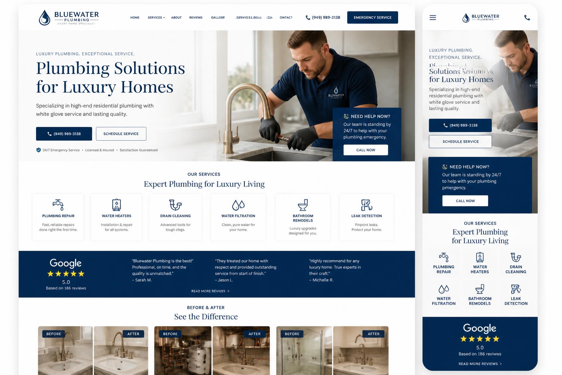 Bluewater Luxury Home Plumbing plumbing website mockup shown on desktop, tablet and mobile