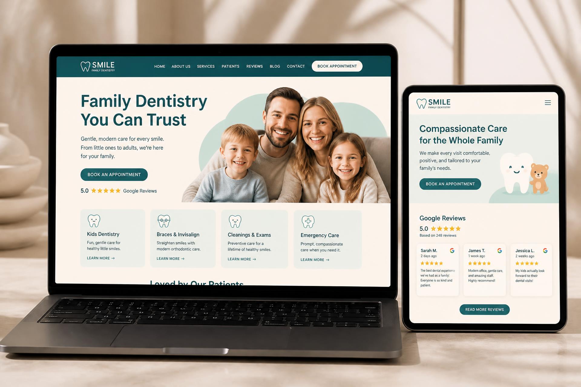 Smile Family Dentistry dental website mockup shown on desktop, laptop, tablet and mobile