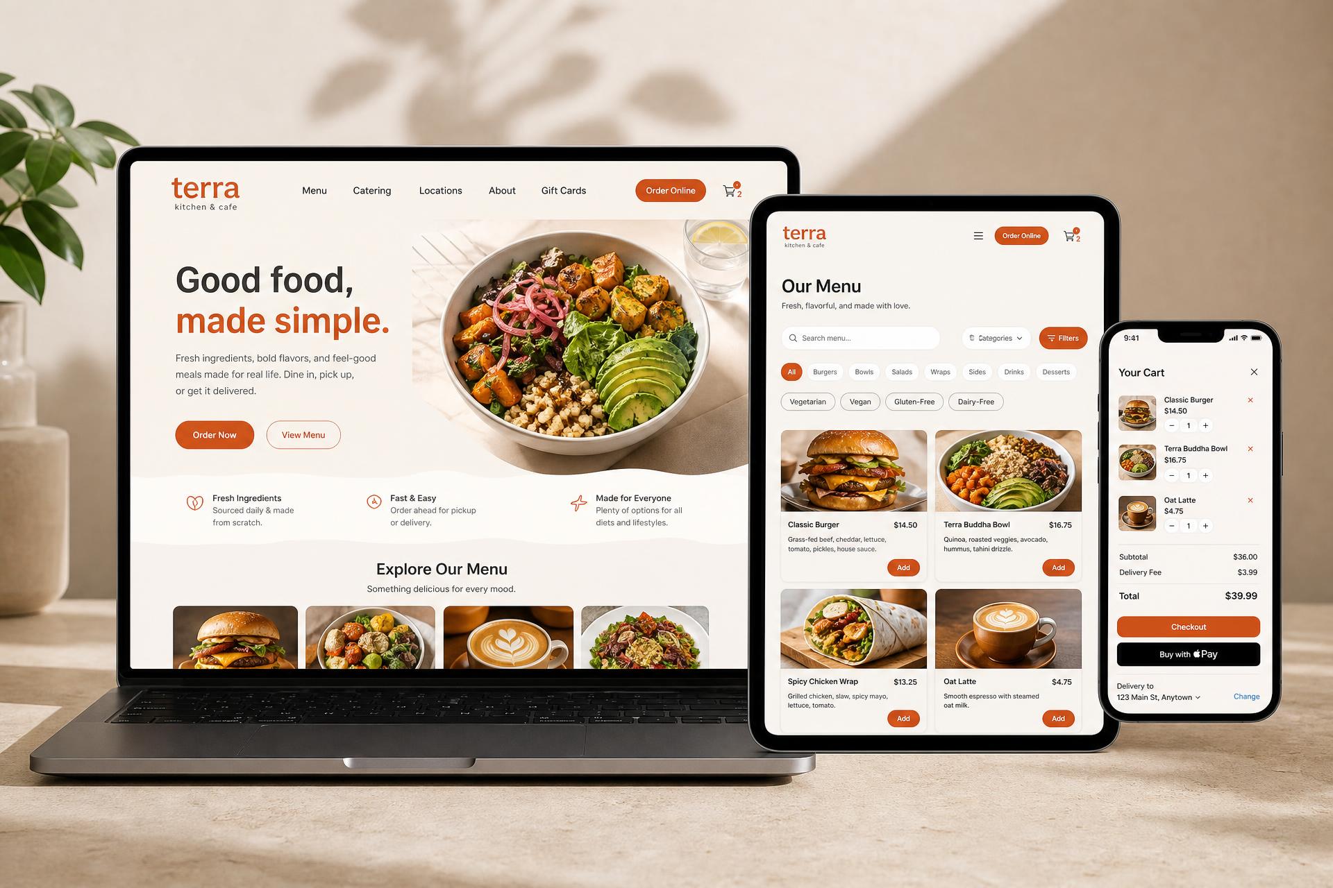 Terra Kitchen & Cafe restaurant website mockup shown on desktop, tablet and mobile