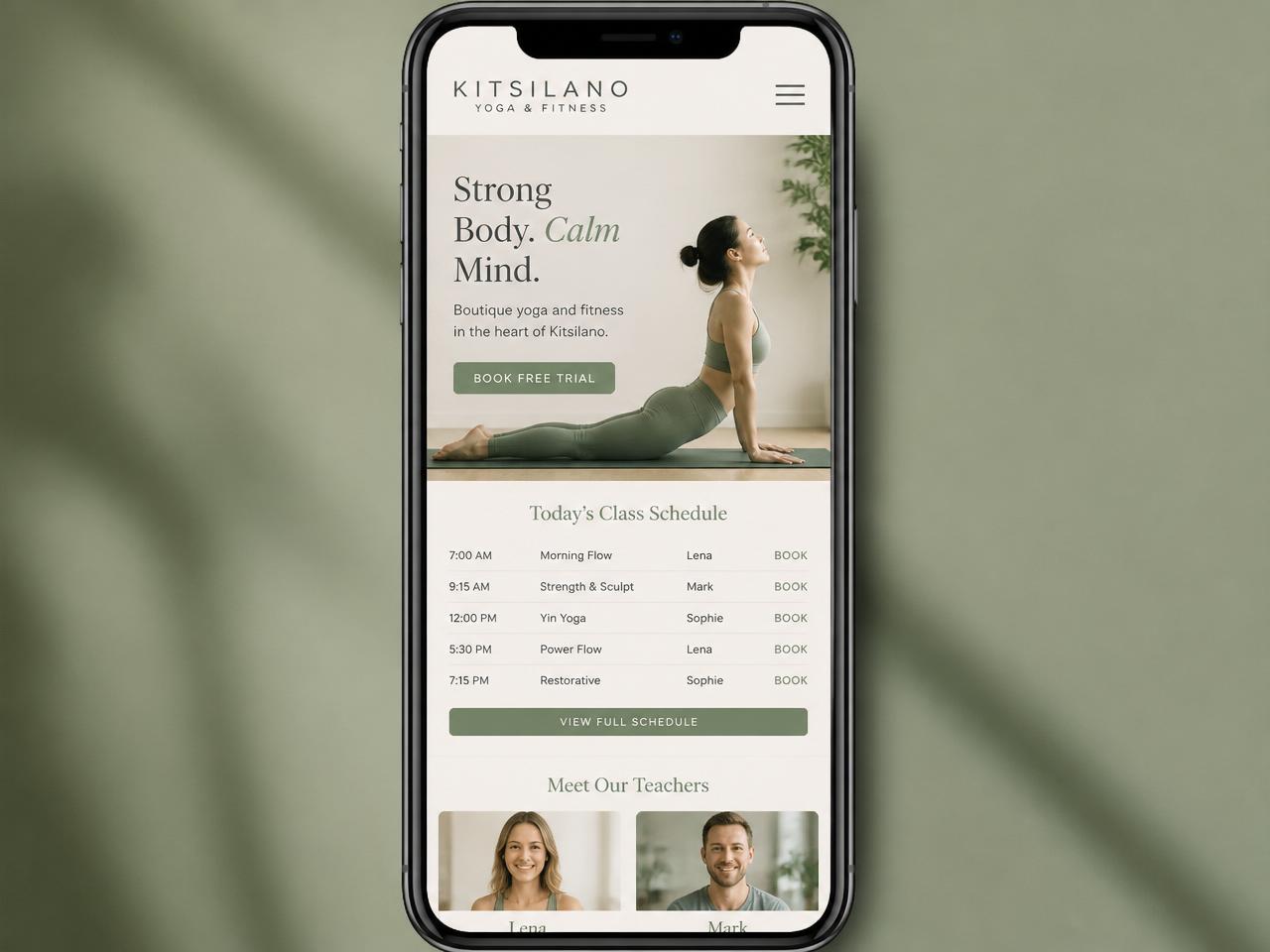 Responsive web design mockup for Kitsilano Yoga & Fitness Studio shown on desktop, tablet and mobile