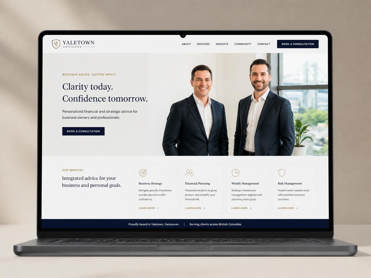 Responsive web design mockup for Yaletown Professional Services shown on desktop, tablet and mobile