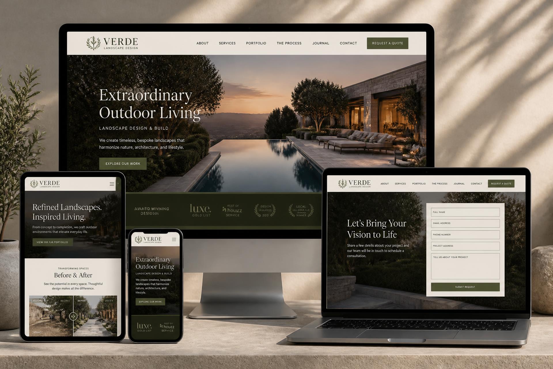 Verde Terra Landscape Design landscaping company website mockup shown on desktop, tablet and mobile