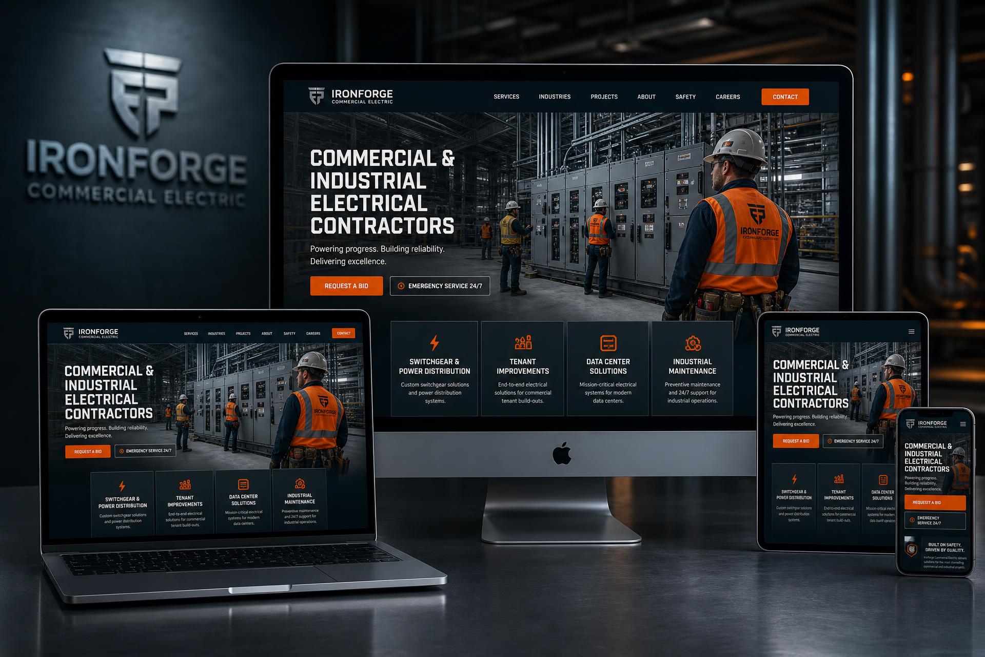 Ironforge Commercial Electric electrician website mockup shown on desktop, tablet and mobile