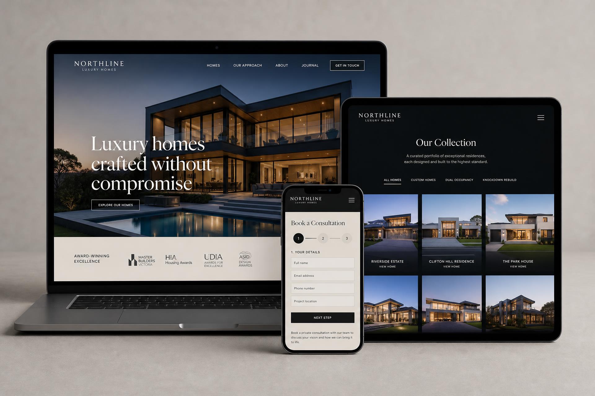 Northline Luxury Homes home builder website mockup shown on desktop, tablet and mobile