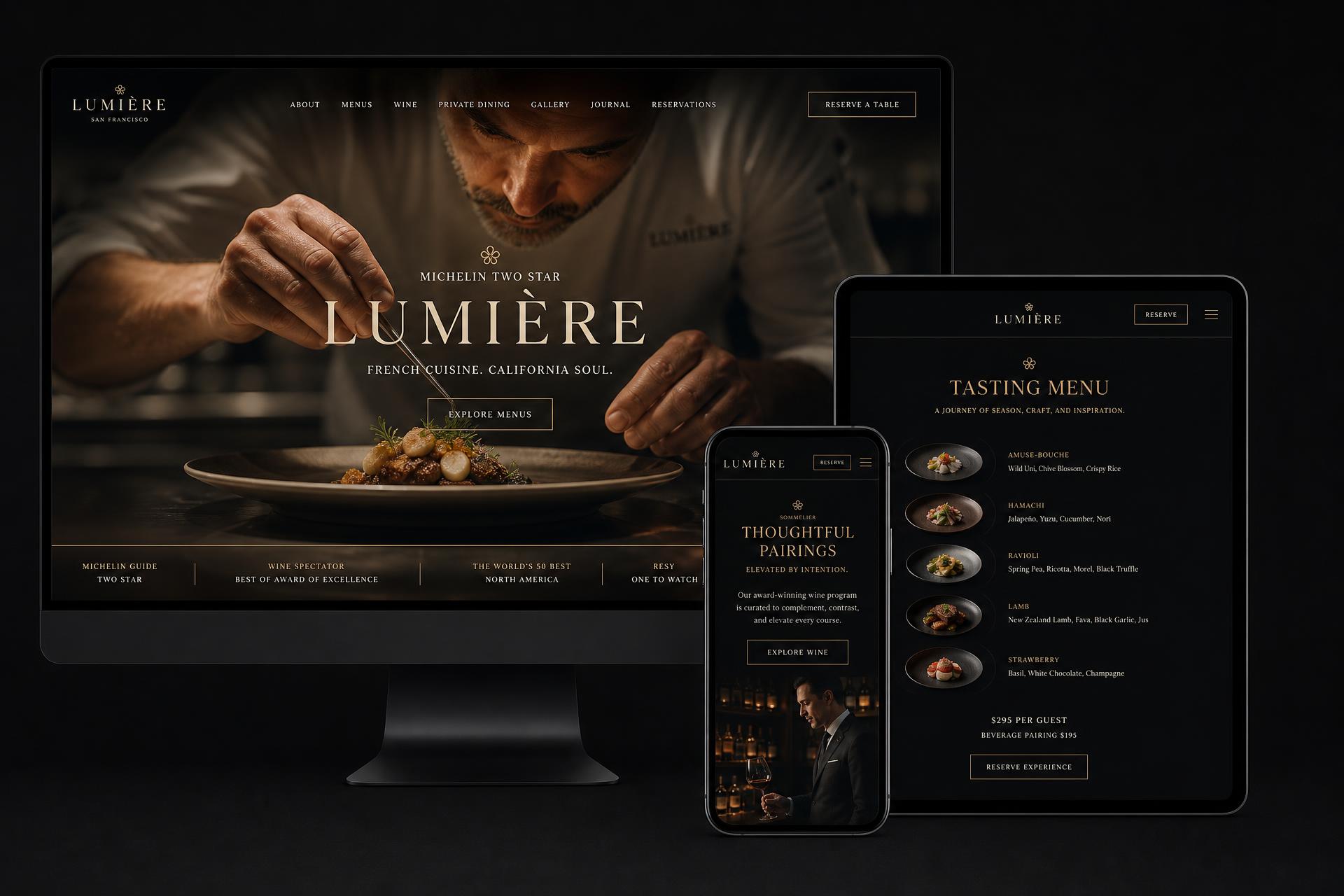 Maison & Fils restaurant website mockup shown on desktop, tablet and mobile