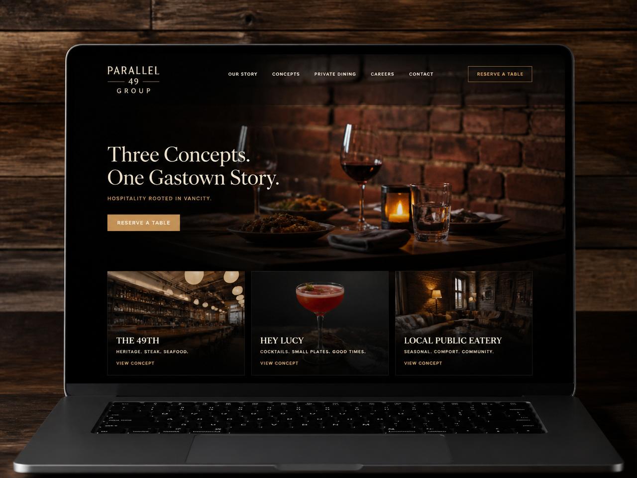 Responsive web design mockup for Gastown Restaurant Group shown on desktop, tablet and mobile