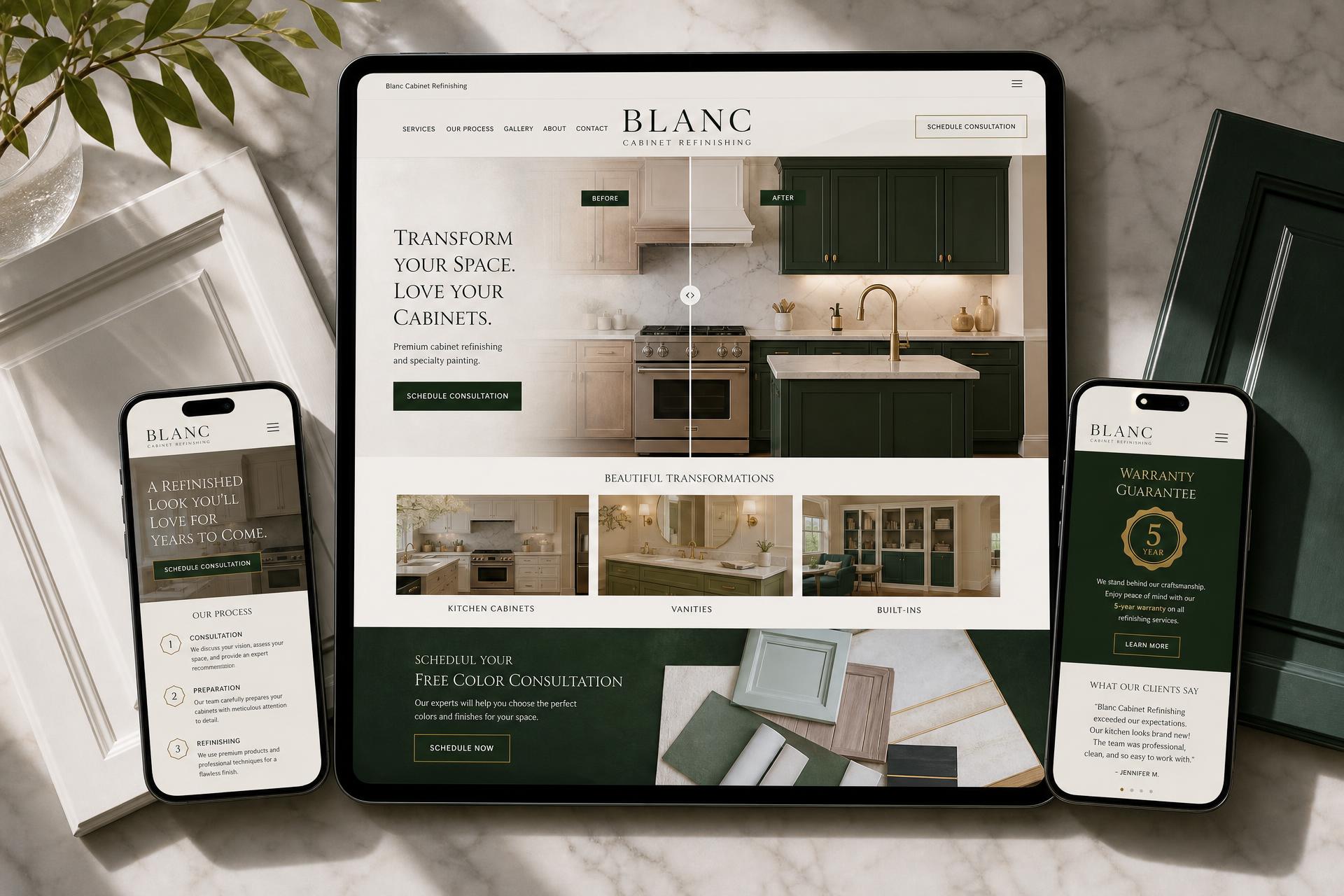 Blanc Cabinet Refinishing painting contractor website mockup shown on desktop, tablet and mobile