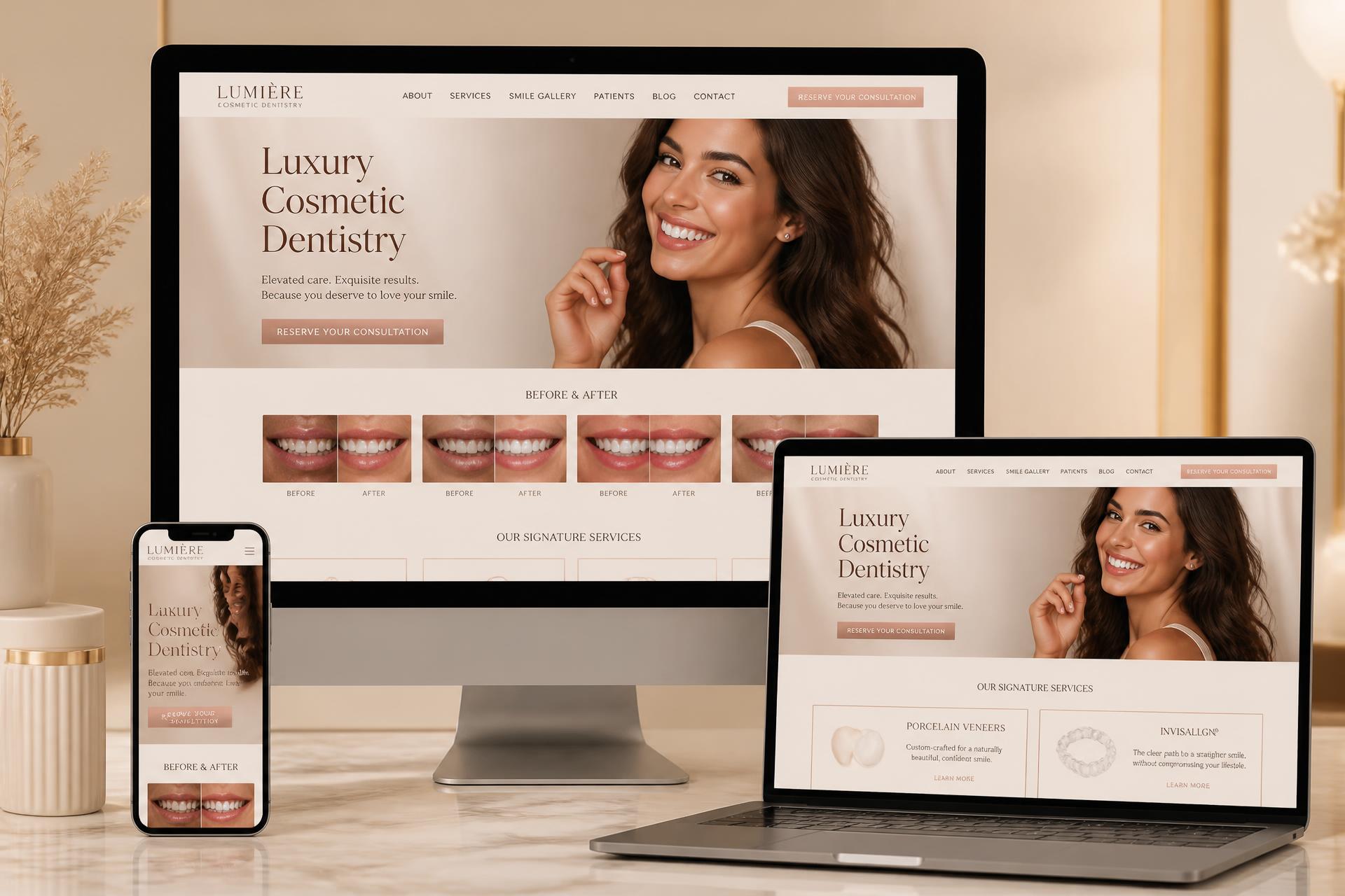 Lumière Cosmetic Dentistry dental website mockup shown on desktop, laptop, tablet and mobile