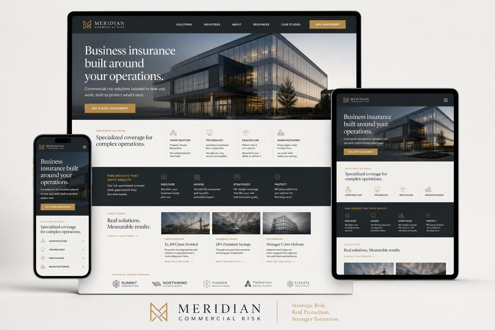 Meridian Commercial Risk insurance agency website mockup shown on desktop, tablet and mobile