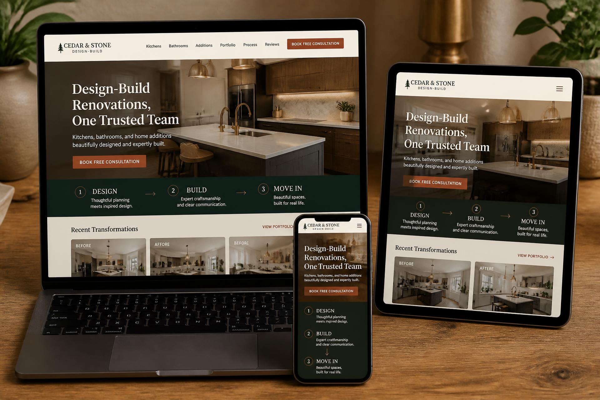 Cedar & Stone Design-Build general contractor website mockup shown on desktop, tablet and mobile
