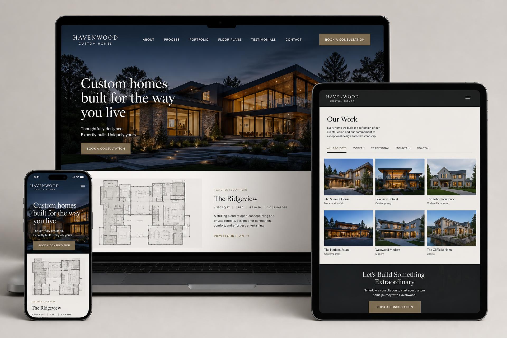 Havenwood Custom Homes home builder website mockup shown on desktop, tablet and mobile