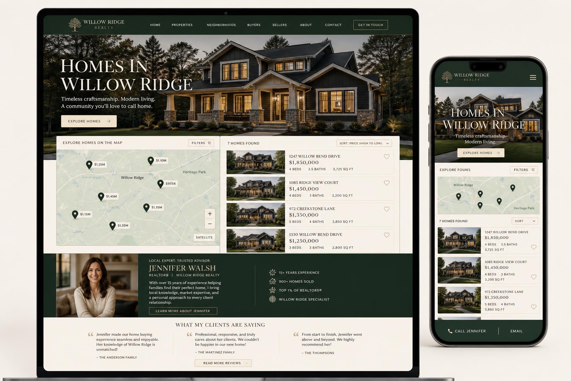 Willow Ridge Realty real estate agent website mockup shown on desktop, tablet and mobile