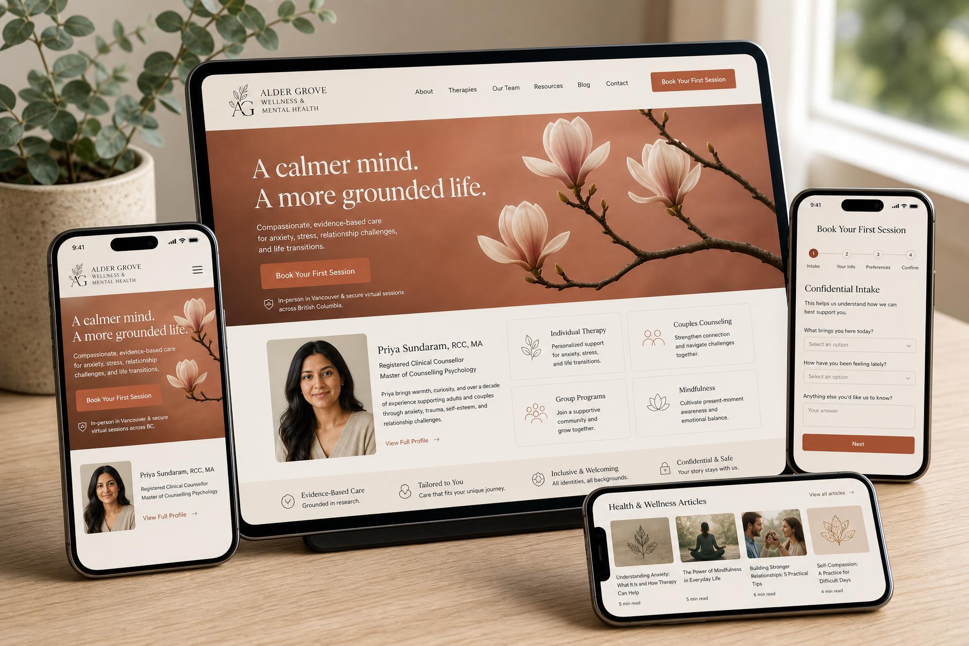 Alder Grove Wellness & Mental Health Clinic medical clinic website mockup shown on desktop, tablet and mobile