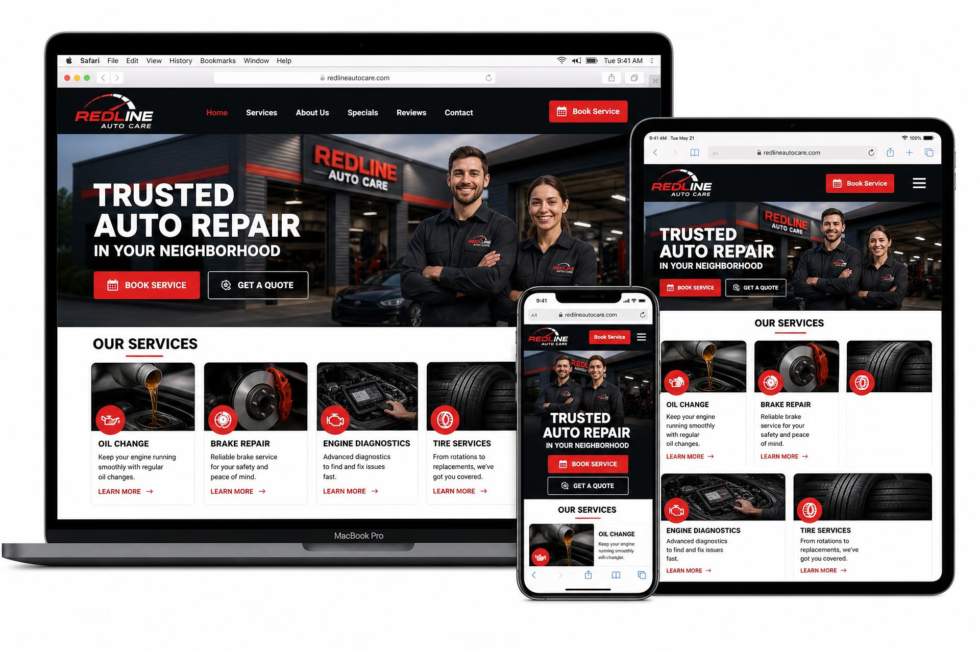 Redline Auto Care auto repair website mockup shown on MacBook and iPhone