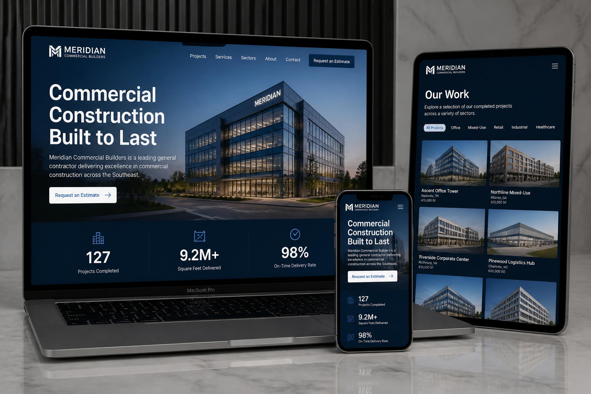 Meridian Commercial Builders general contractor website mockup shown on desktop, tablet and mobile