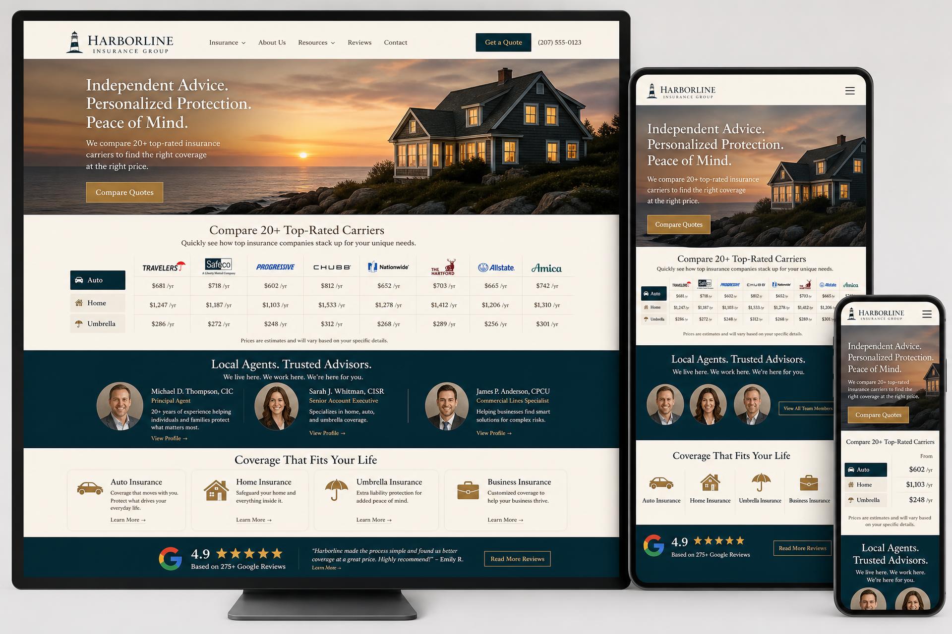 Harborline Insurance Group insurance agency website mockup shown on desktop, tablet and mobile