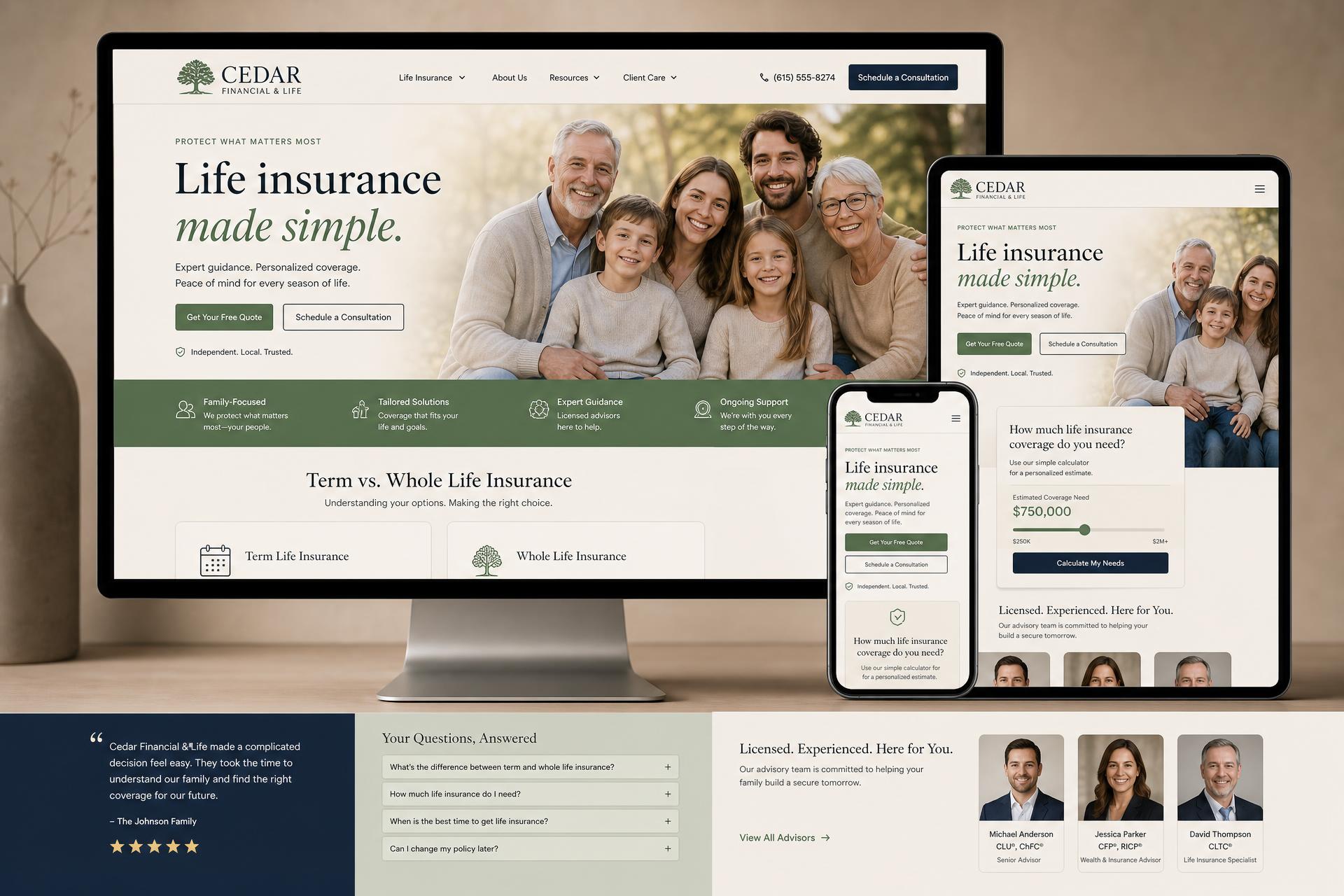 Cedar Financial & Life insurance agency website mockup shown on desktop, tablet and mobile