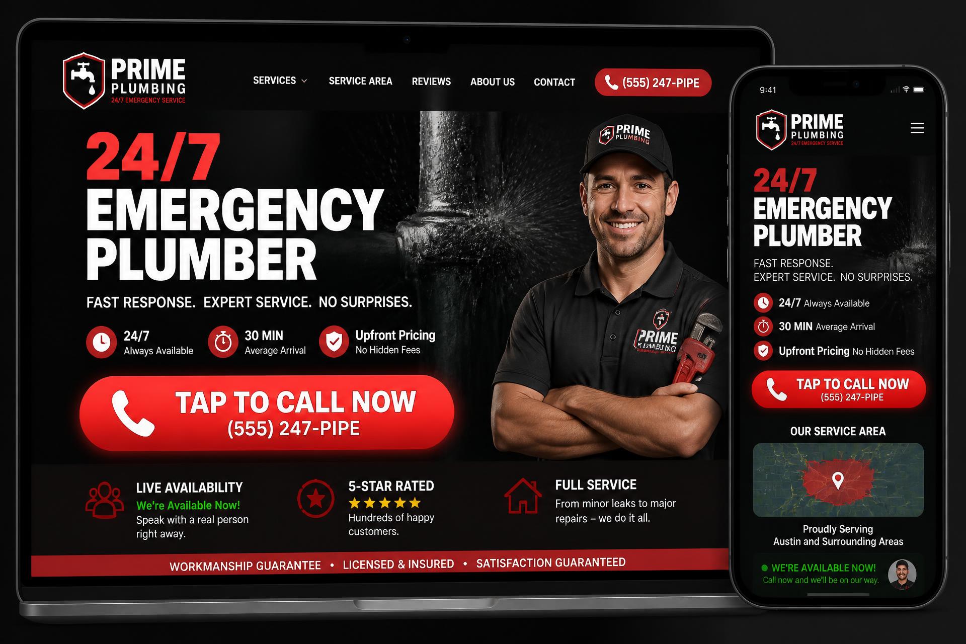 Prime 24/7 Emergency Plumber plumbing website mockup shown on desktop, tablet and mobile