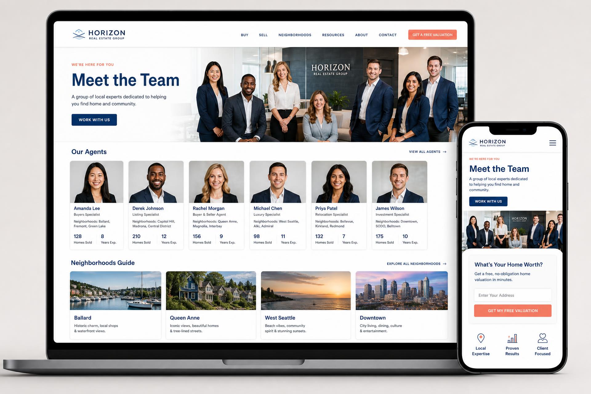 Horizon Real Estate Group real estate agent website mockup shown on desktop, tablet and mobile