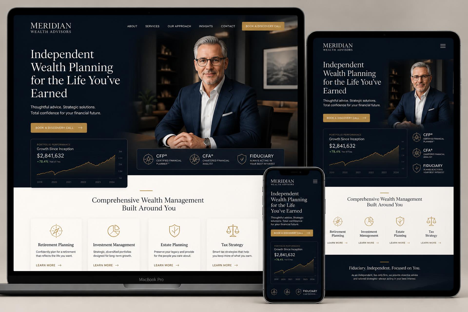 Meridian Wealth Advisors financial advisor website mockup shown on desktop, tablet and mobile