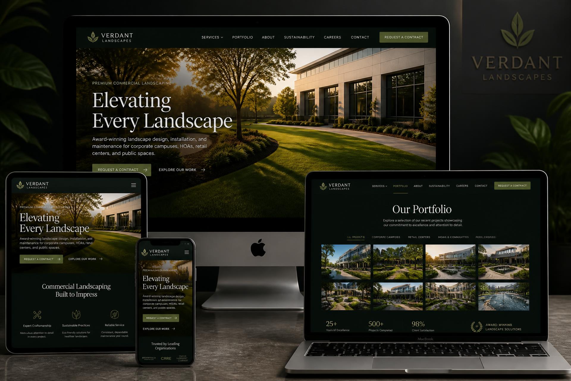 Verdant Commercial Landscapes landscaping company website mockup shown on desktop, tablet and mobile