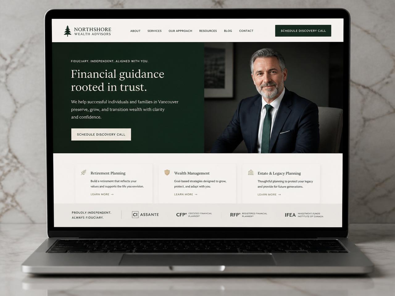 Responsive web design mockup for Vancouver Financial Advisory shown on desktop, tablet and mobile
