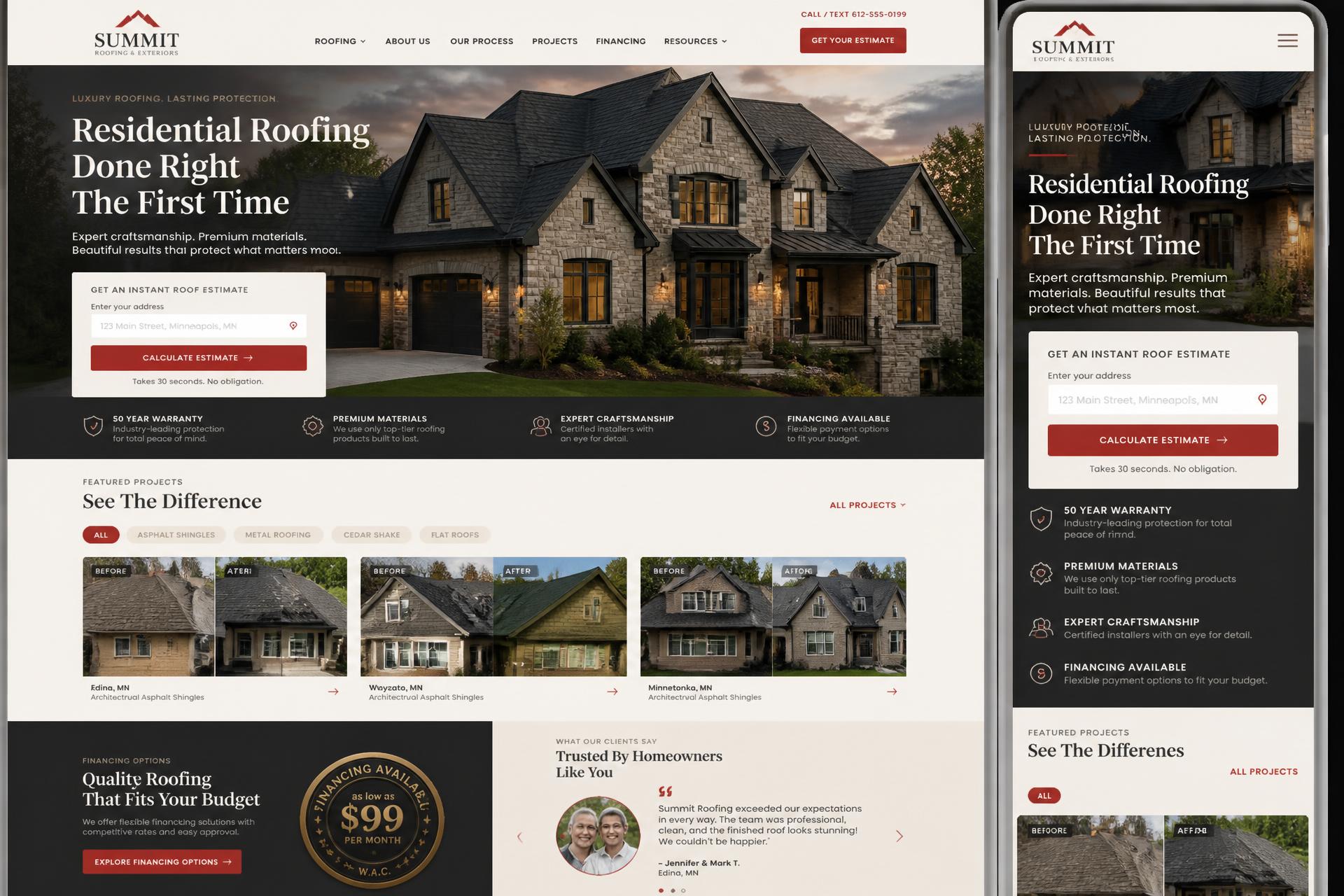 Summit Residential Roofing roofing website mockup shown on desktop, tablet and mobile