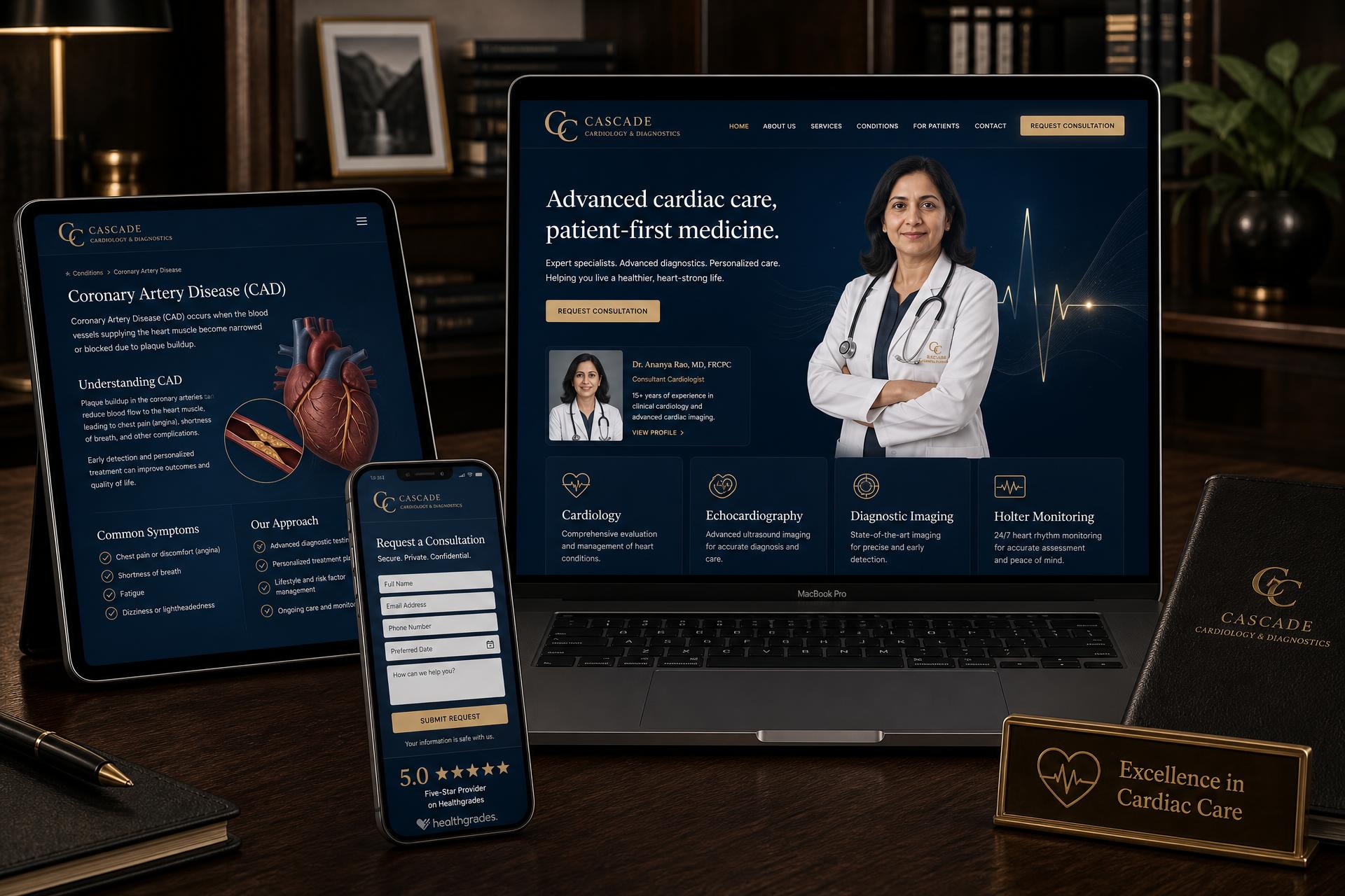 Cascade Cardiology & Diagnostics medical clinic website mockup shown on desktop, tablet and mobile