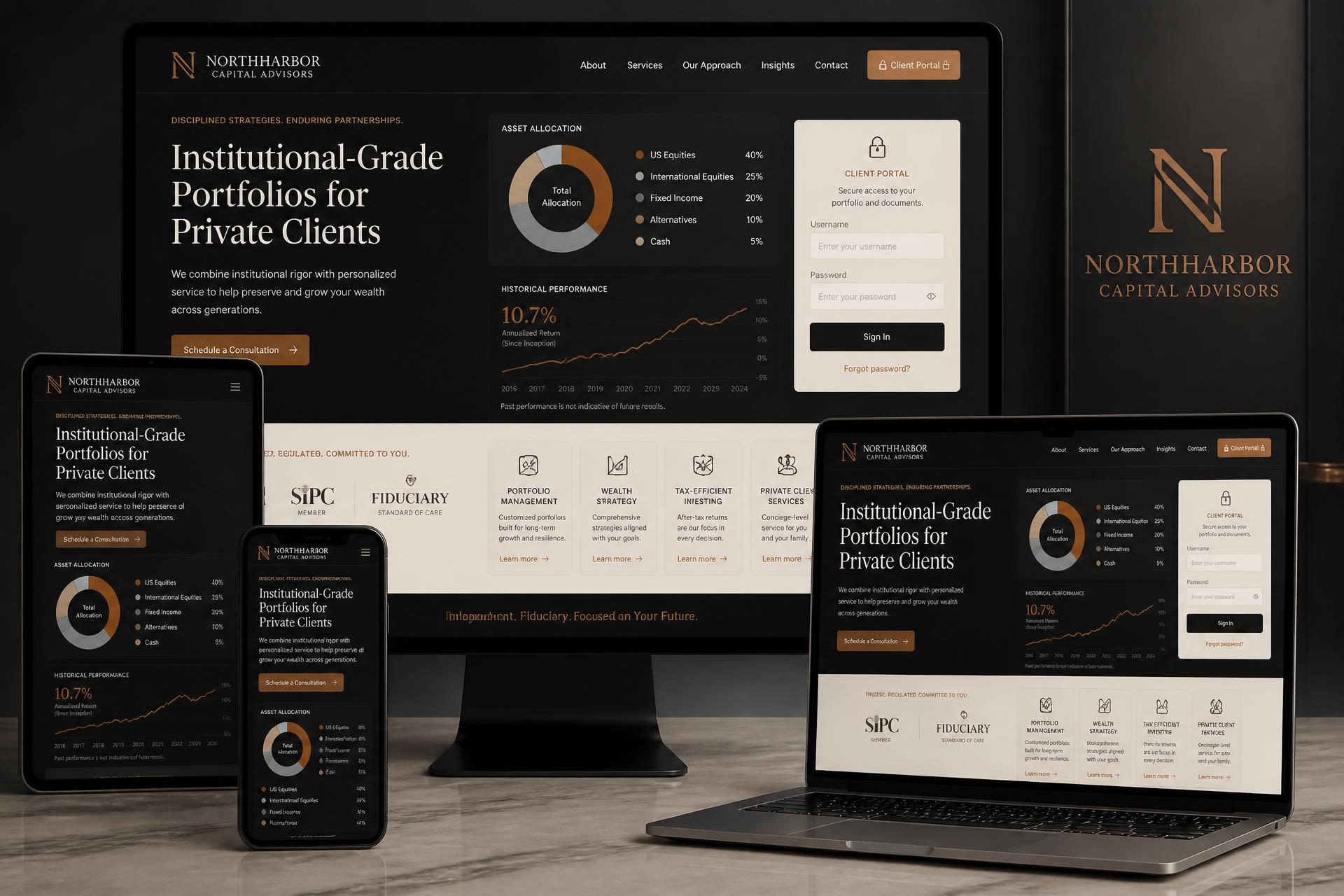 Northharbor Capital Advisors financial advisor website mockup shown on desktop, tablet and mobile