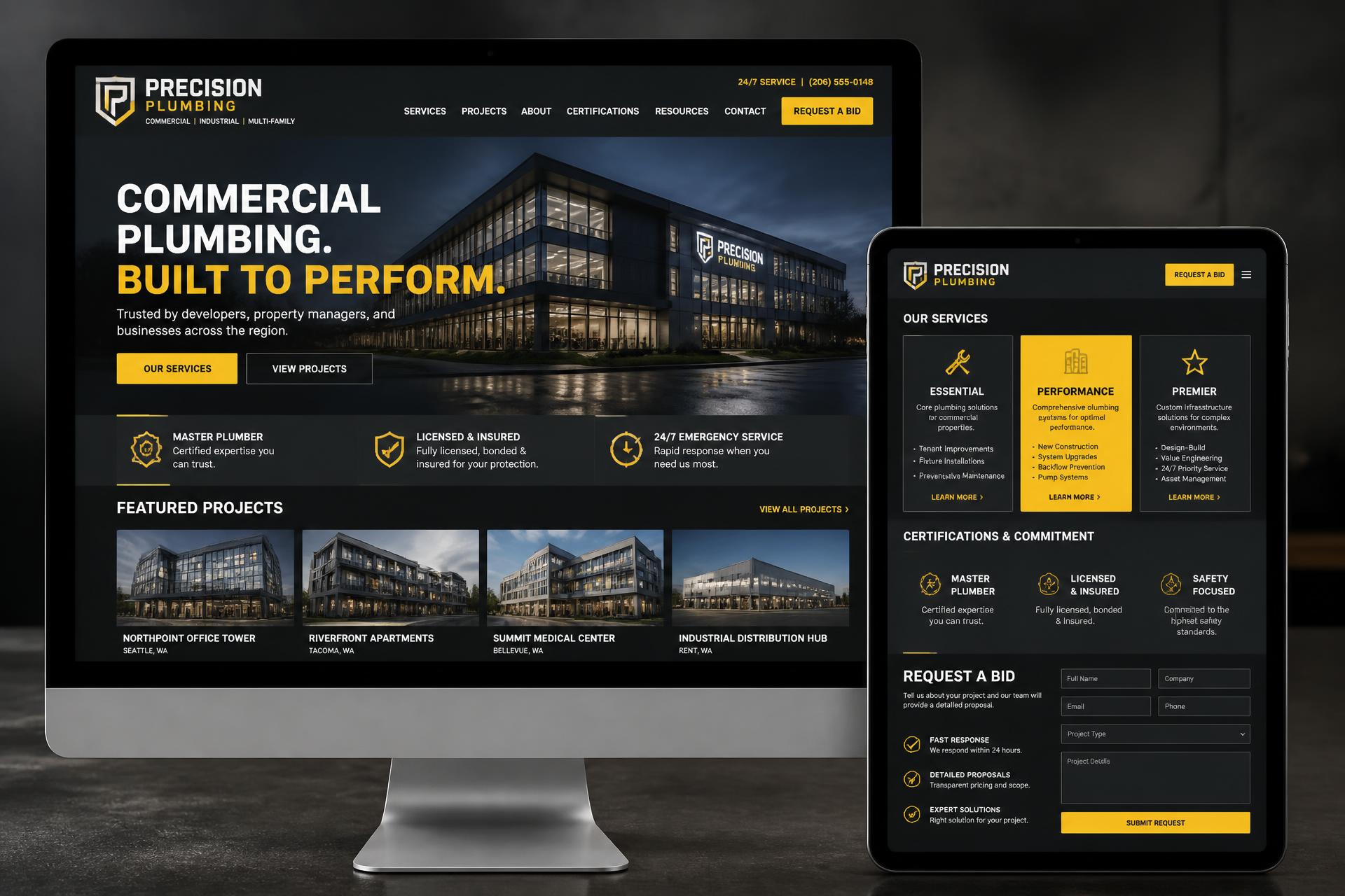 Precision Commercial Plumbing plumbing website mockup shown on desktop, tablet and mobile