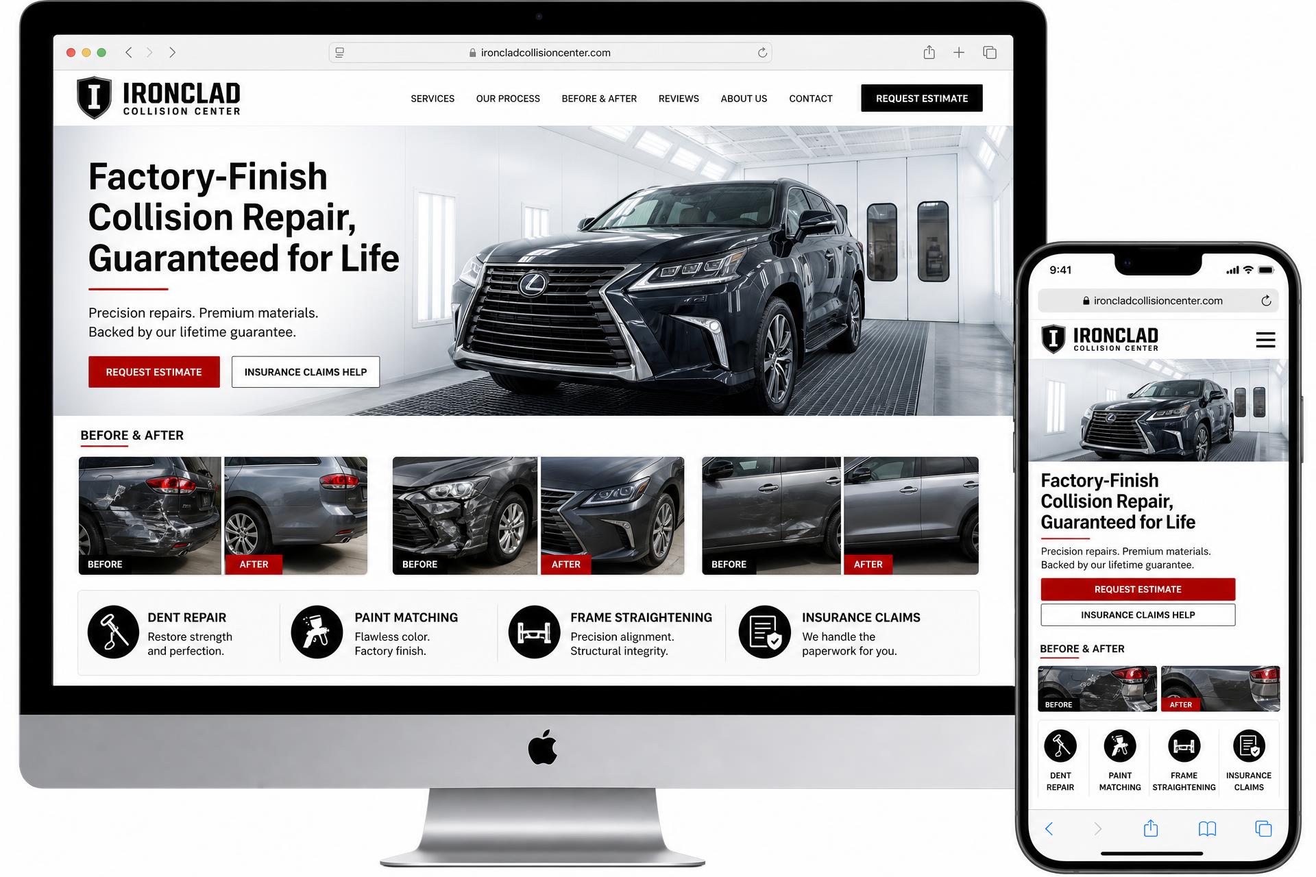 Ironclad Collision Center auto repair website mockup shown on MacBook and iPhone