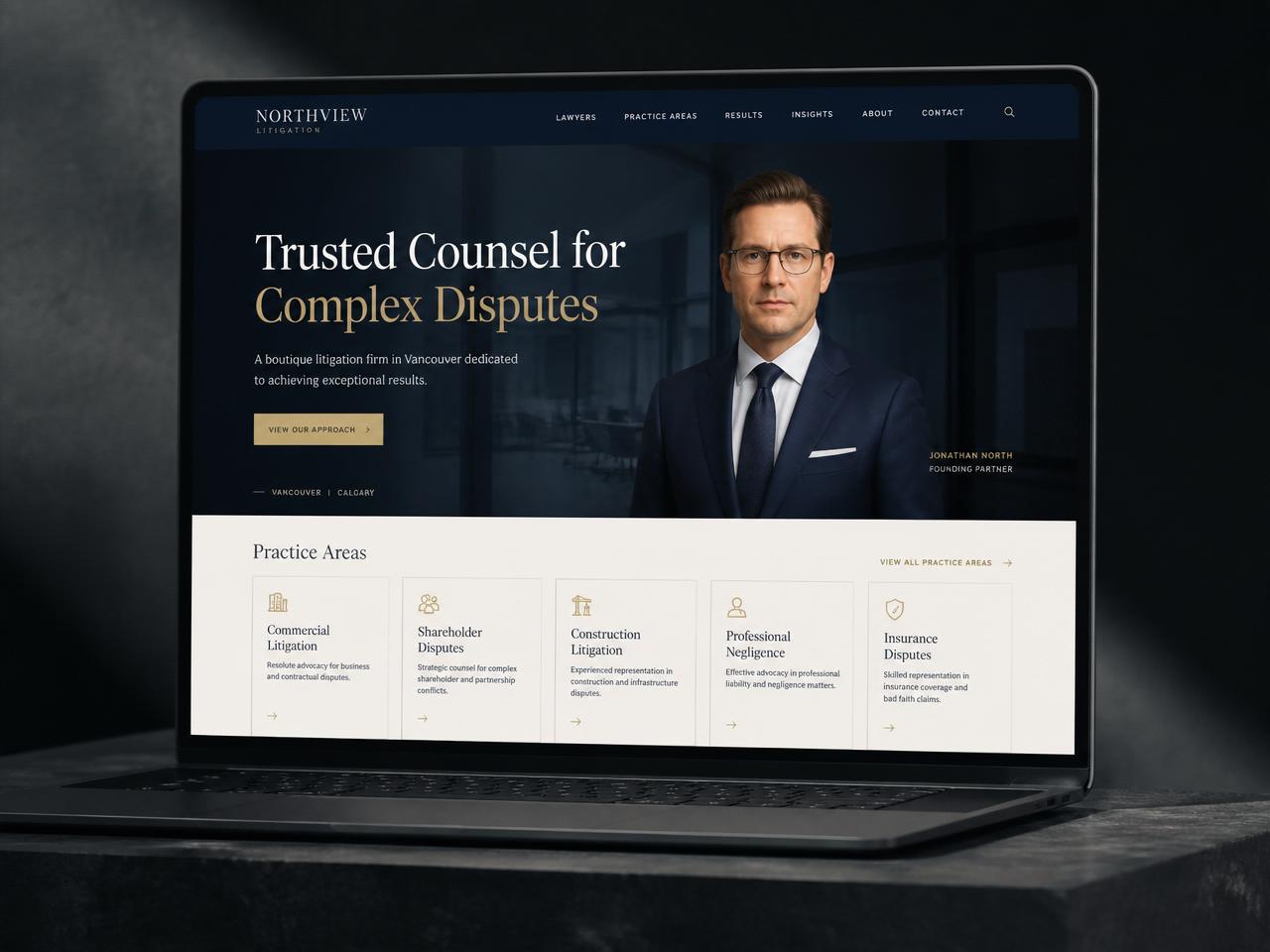 Responsive web design mockup for Vancouver Litigation Law Firm shown on desktop, tablet and mobile