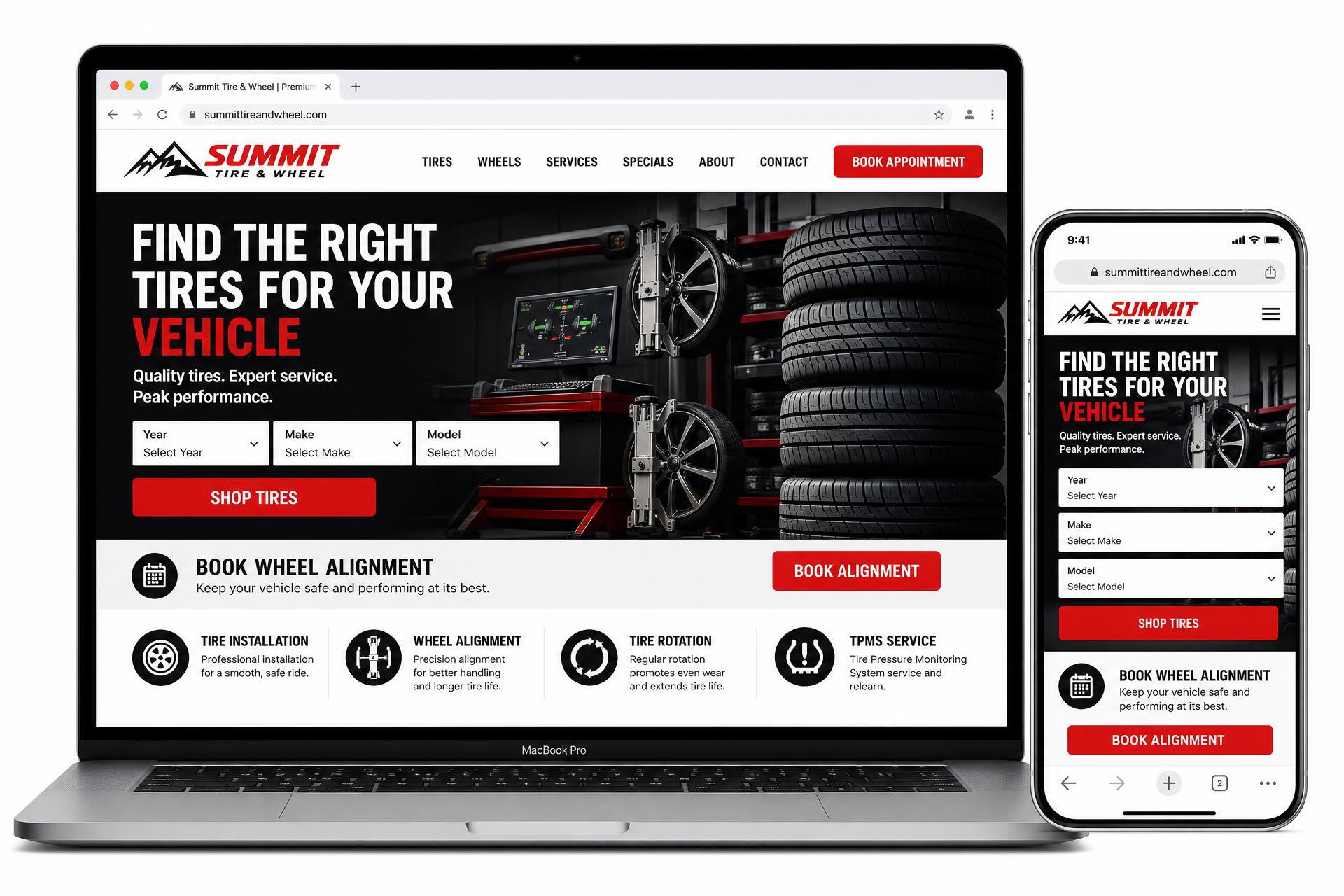 Summit Tire & Wheel auto repair website mockup shown on MacBook and iPhone