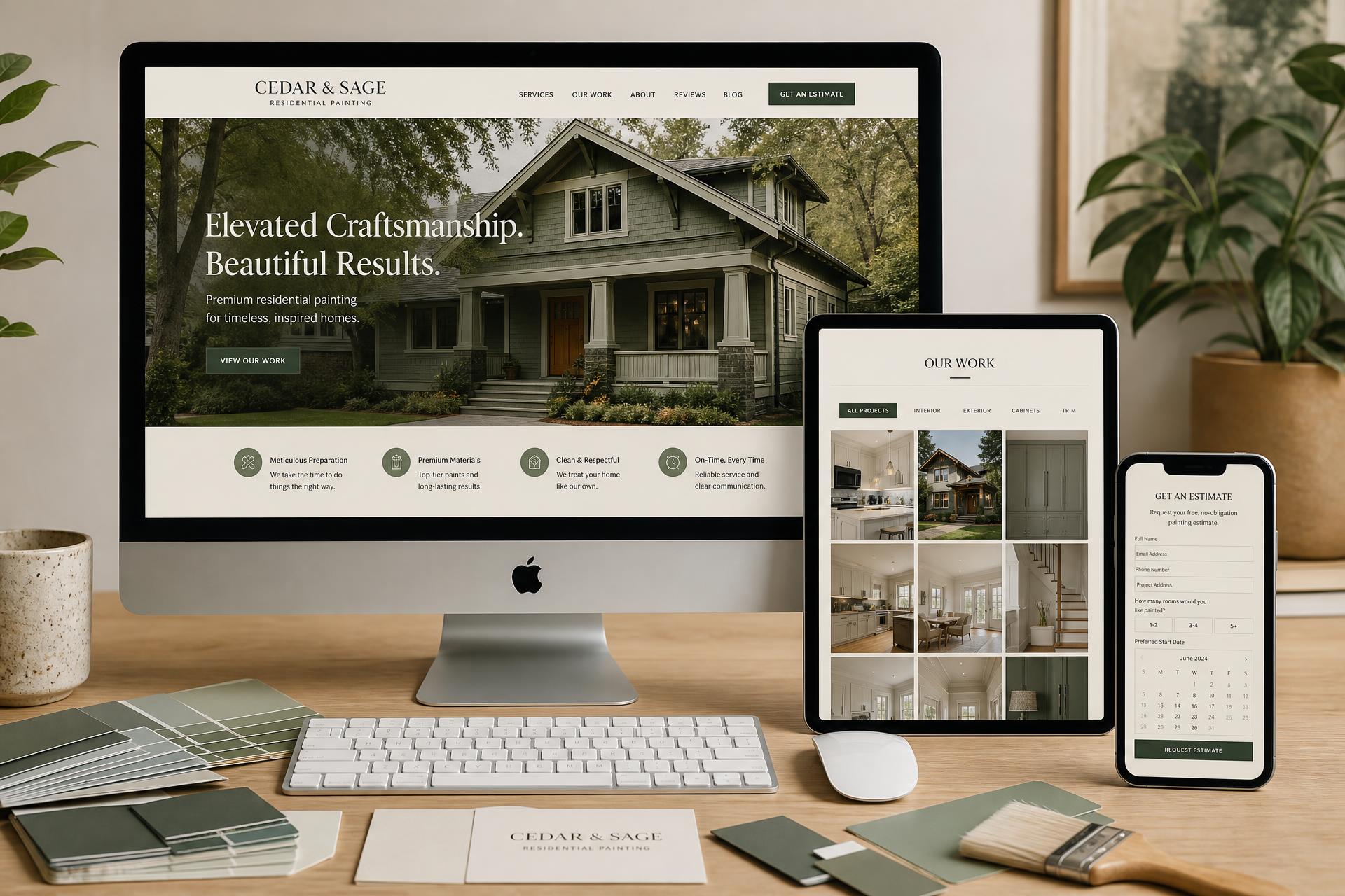 Cedar & Sage Residential Painting painting contractor website mockup shown on desktop, tablet and mobile