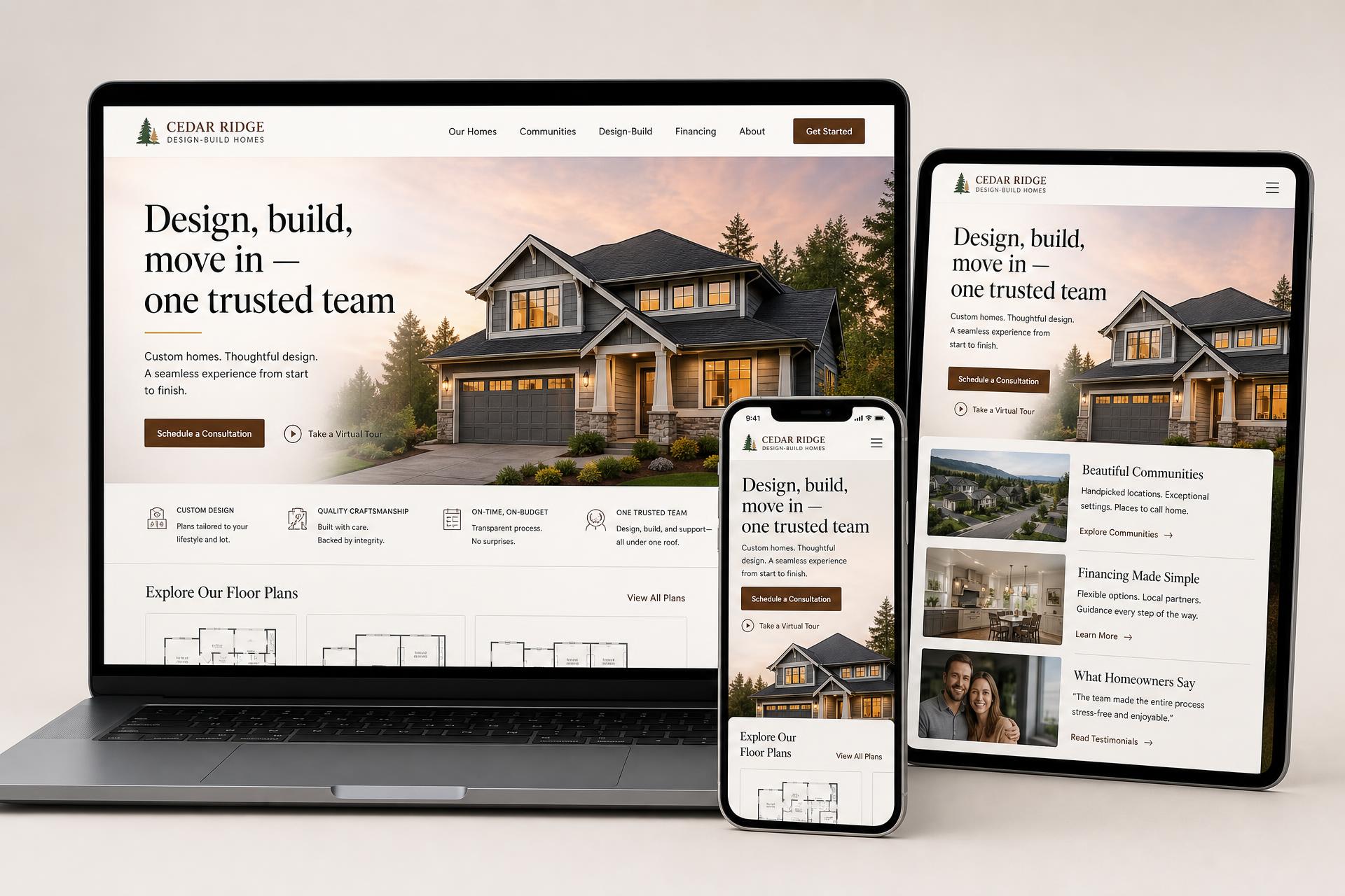 Cedar Ridge Design-Build Homes home builder website mockup shown on desktop, tablet and mobile