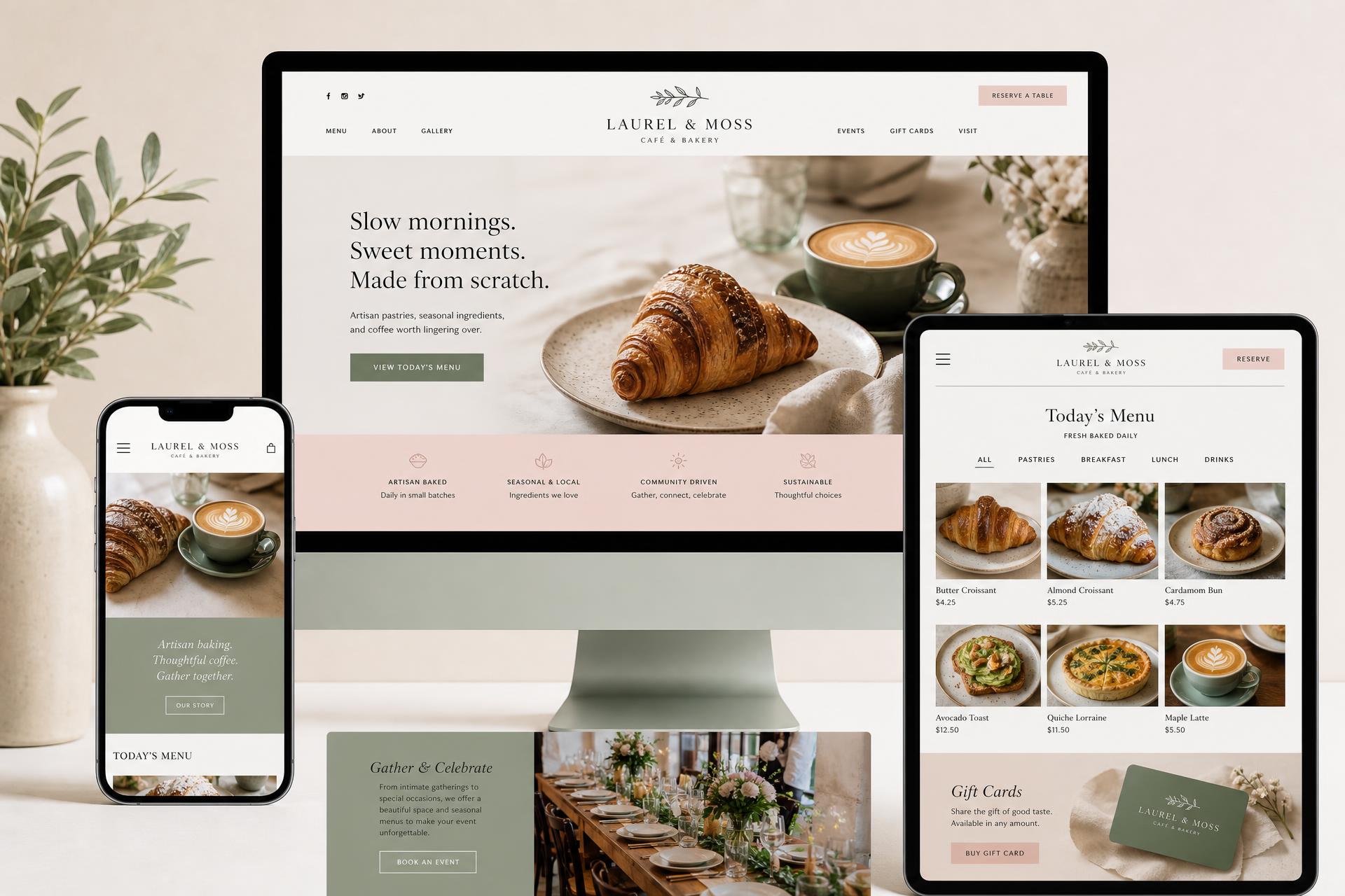 Laurel & Moss Cafe & Bakery restaurant website mockup shown on desktop, tablet and mobile