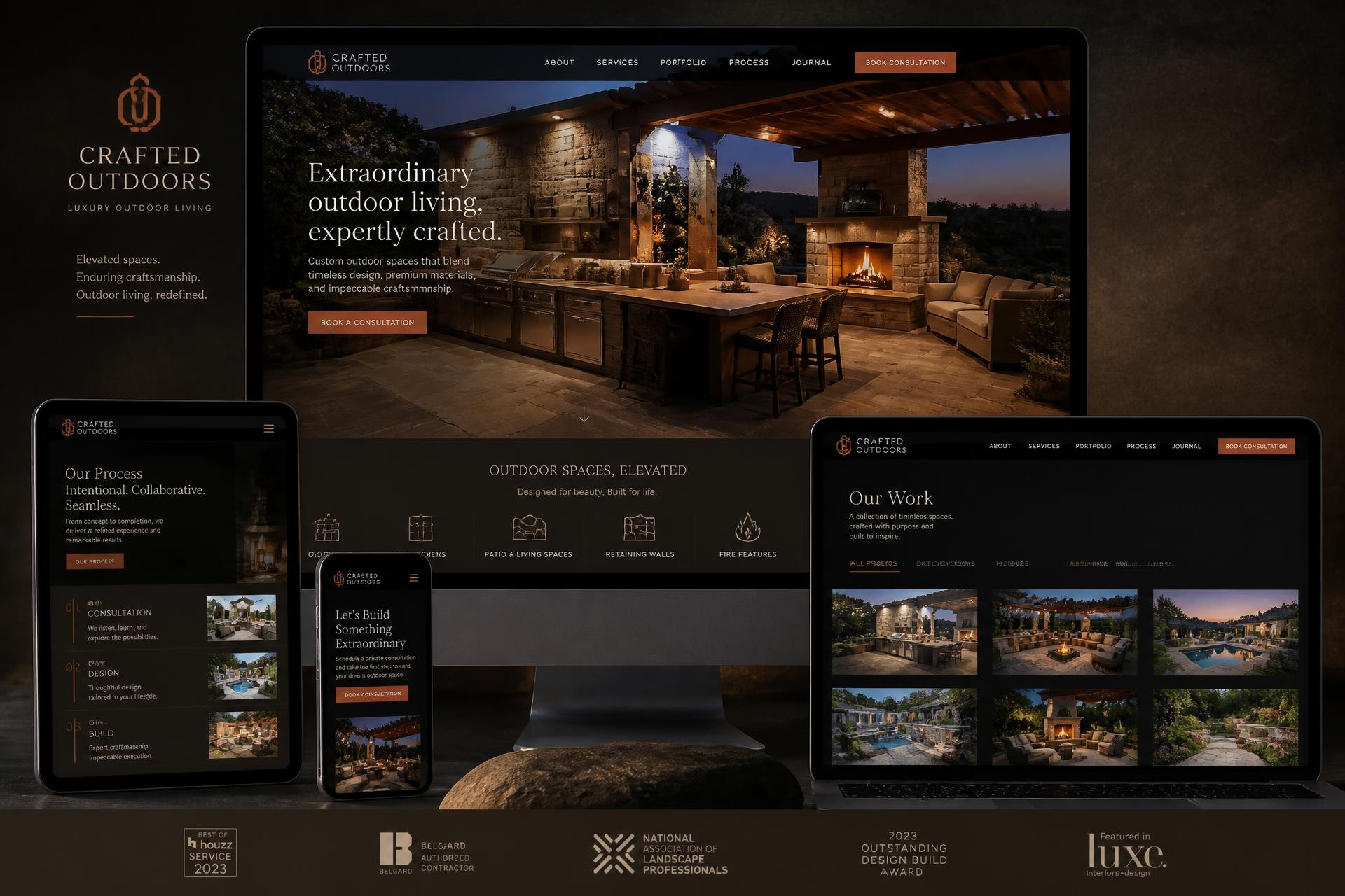 Crafted Outdoors landscaping company website mockup shown on desktop, tablet and mobile
