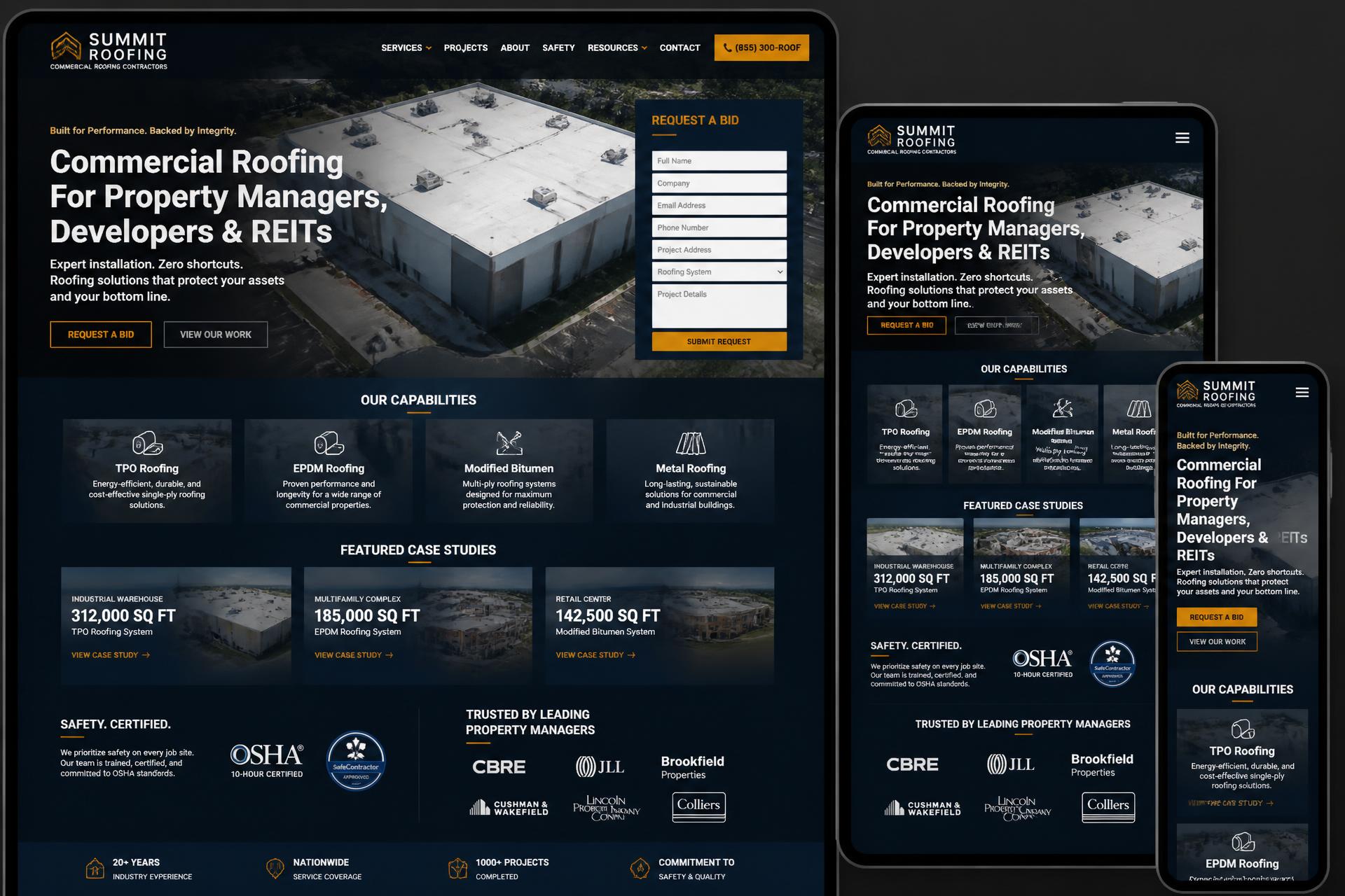 Meridian Commercial Roofing roofing website mockup shown on desktop, tablet and mobile