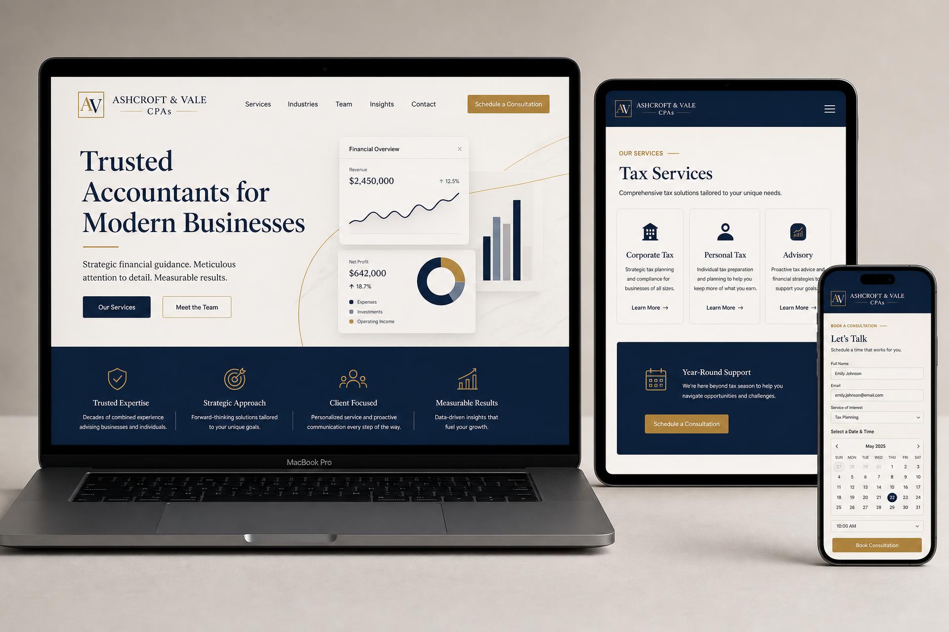 Ashcroft & Vale CPAs accounting firm website mockup shown on MacBook, iPad and iPhone