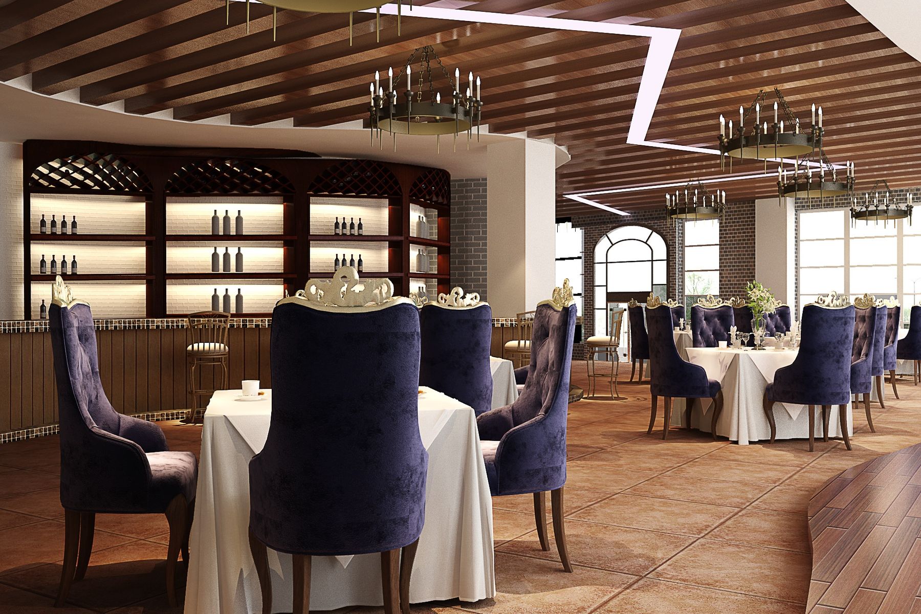 Set tables in a hotel restaurant dining room